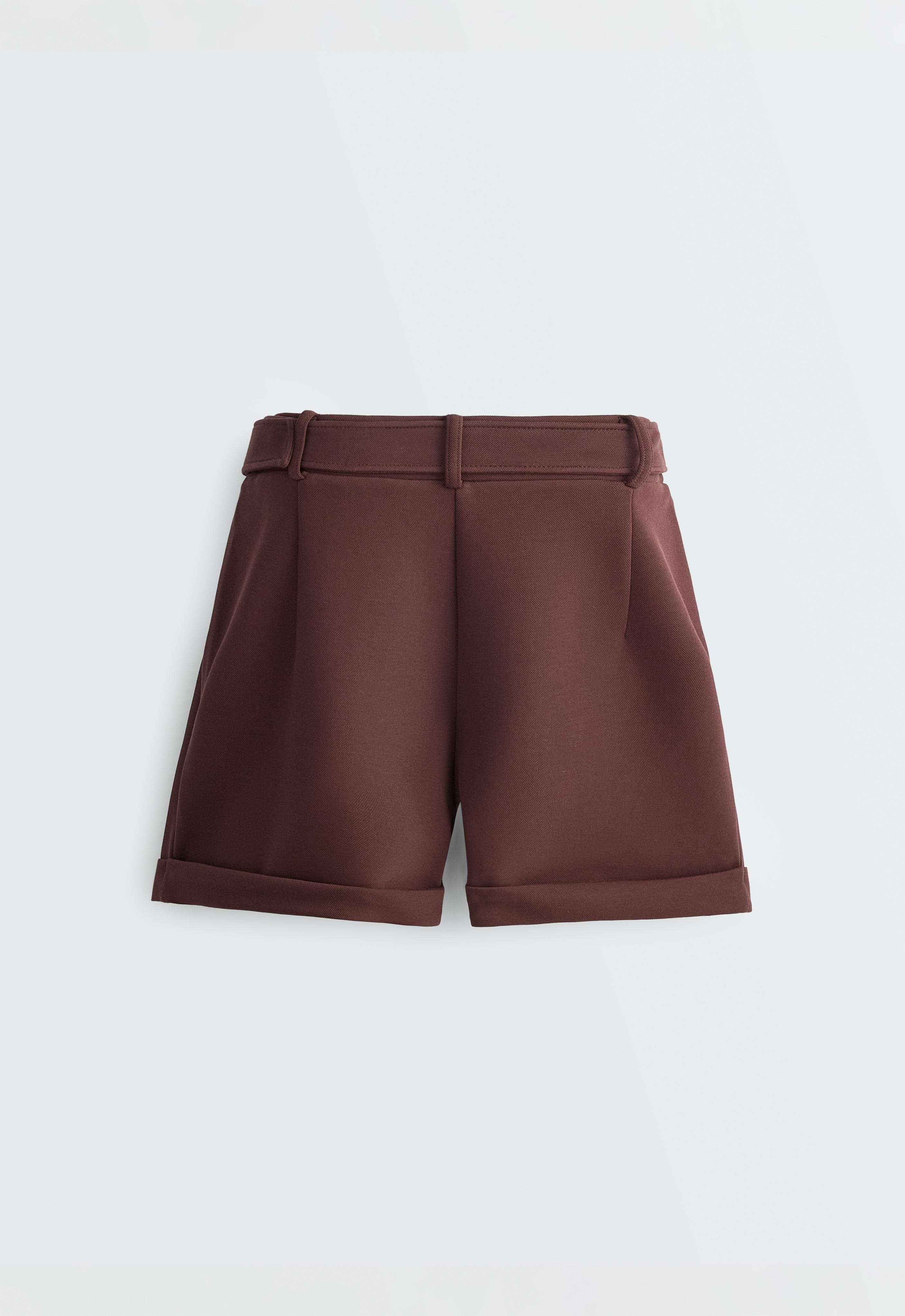 Cotton piqué belted shorts — CHOCOLATE