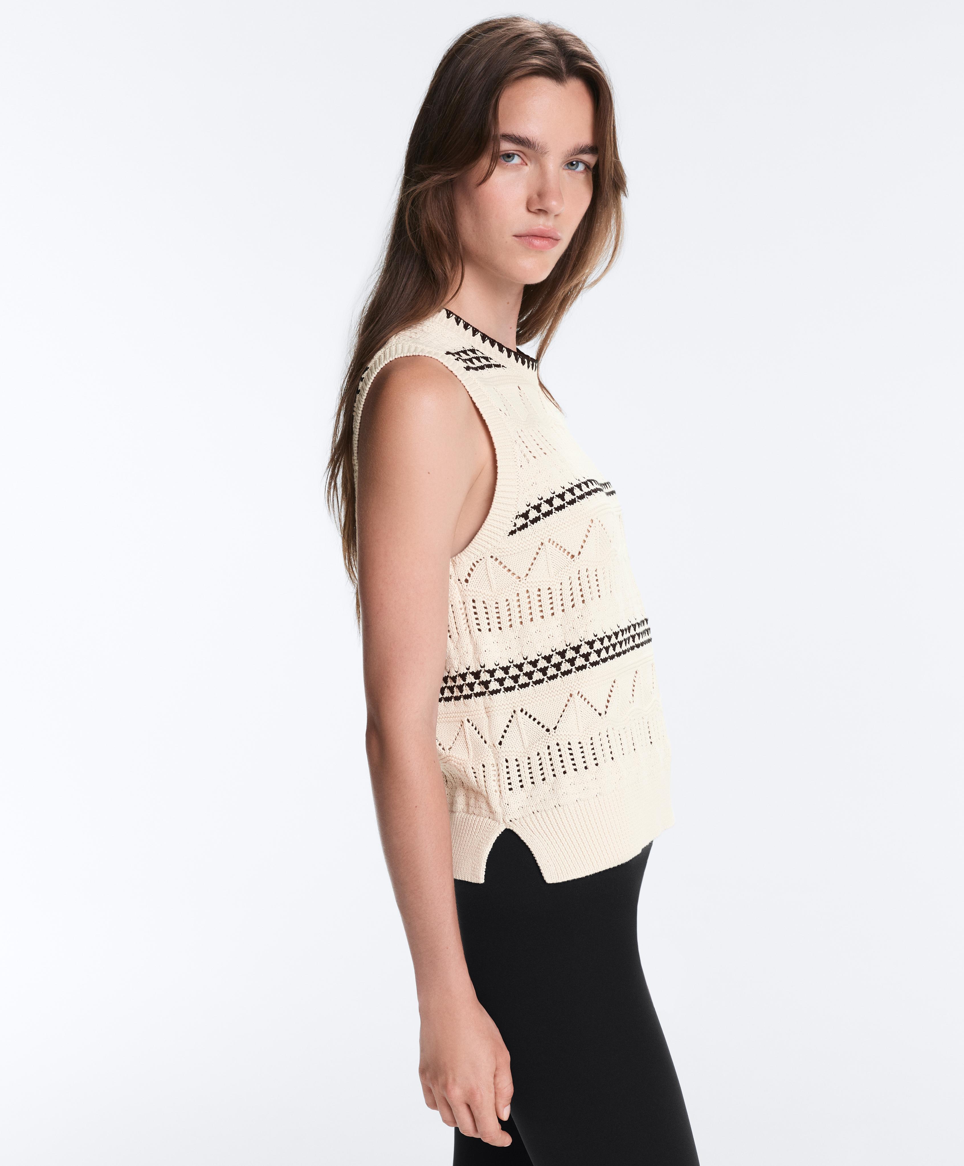 100% cotton open-knit contrast vest — PALE ECRU