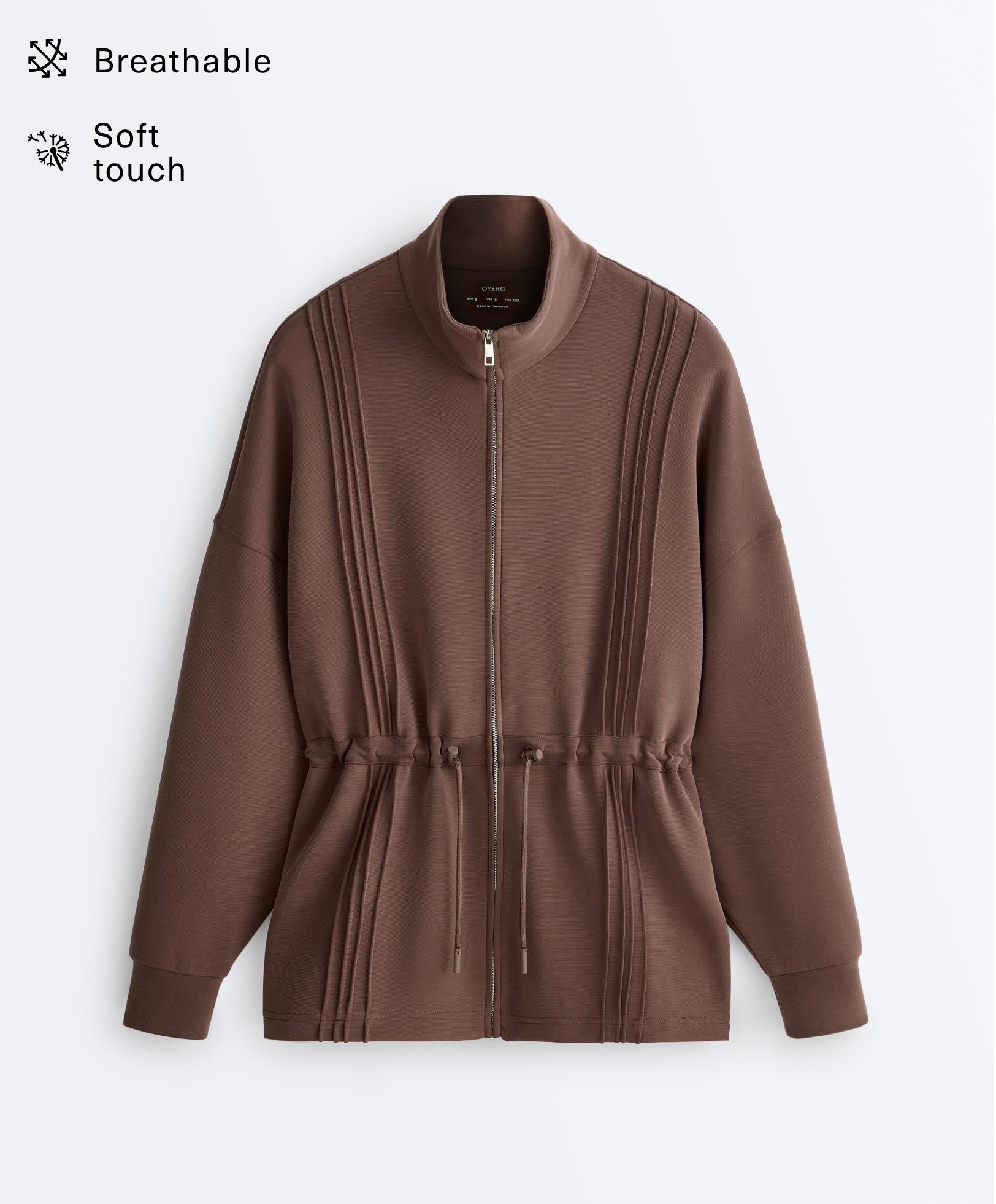 Long jacket with ribbed high neck and soft-touch modal — MID-BROWN