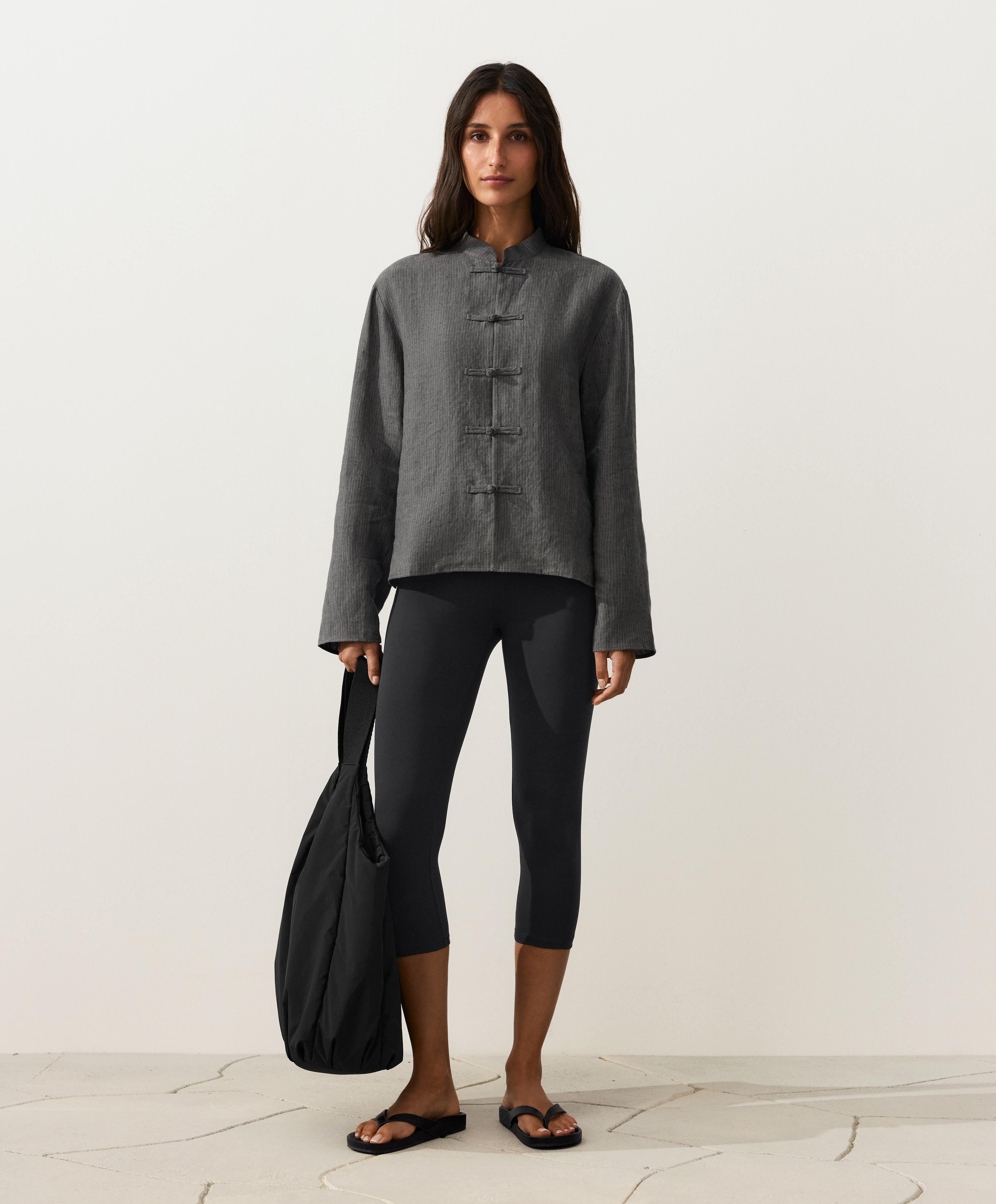 Striped 100% linen stand-up collar shirt — DARK ANTHRACITE