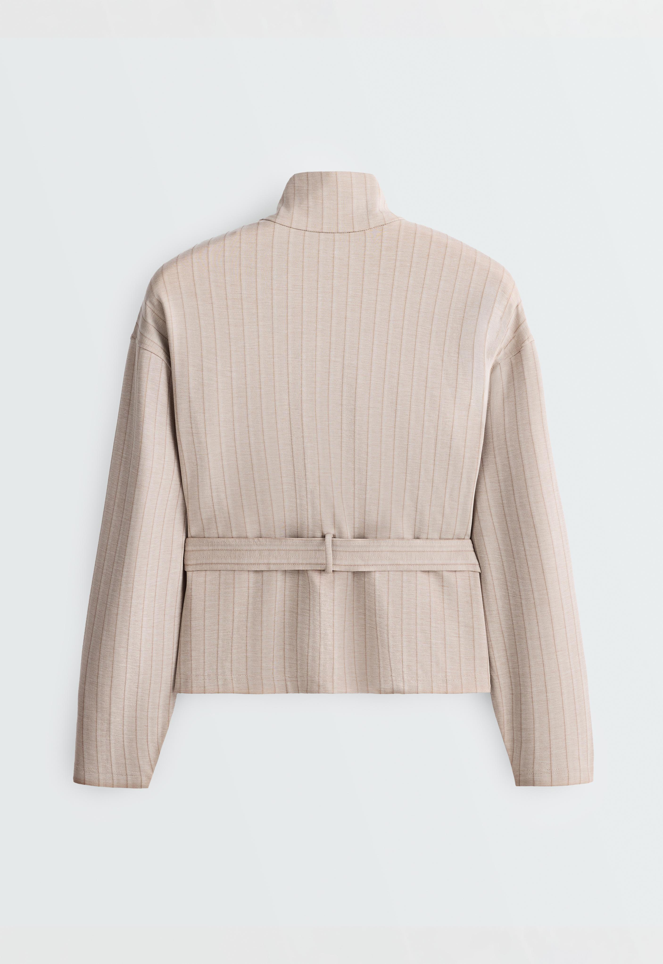 Soft-touch striped belted jacket — SOFT MINK