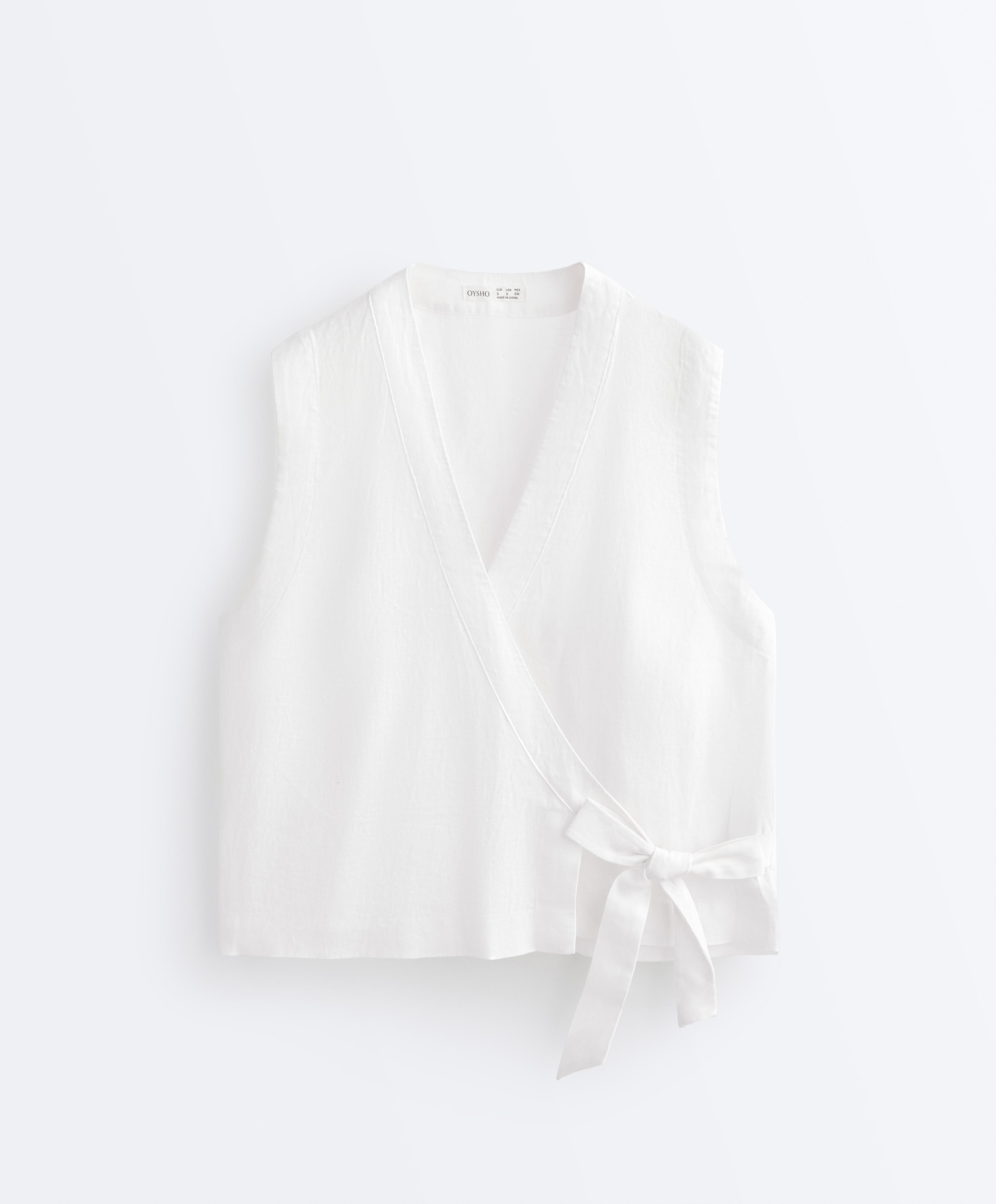 100% linen crossover top with tie fastening — WHITE
