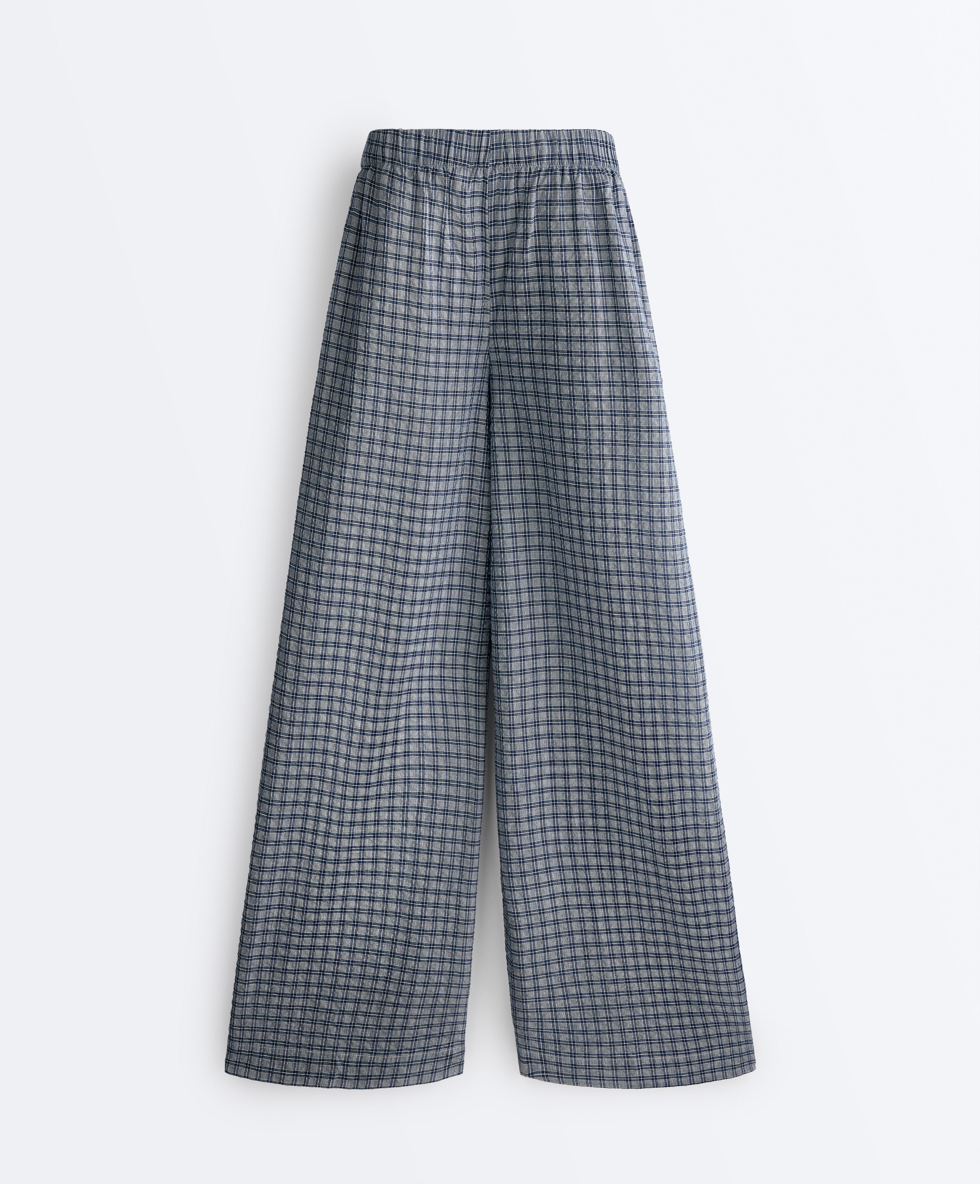 Check cotton blend wide-leg trousers — GREY-BLUE