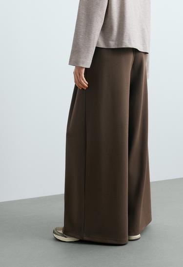 Wide-leg piqué cotton trousers — BROWN 4