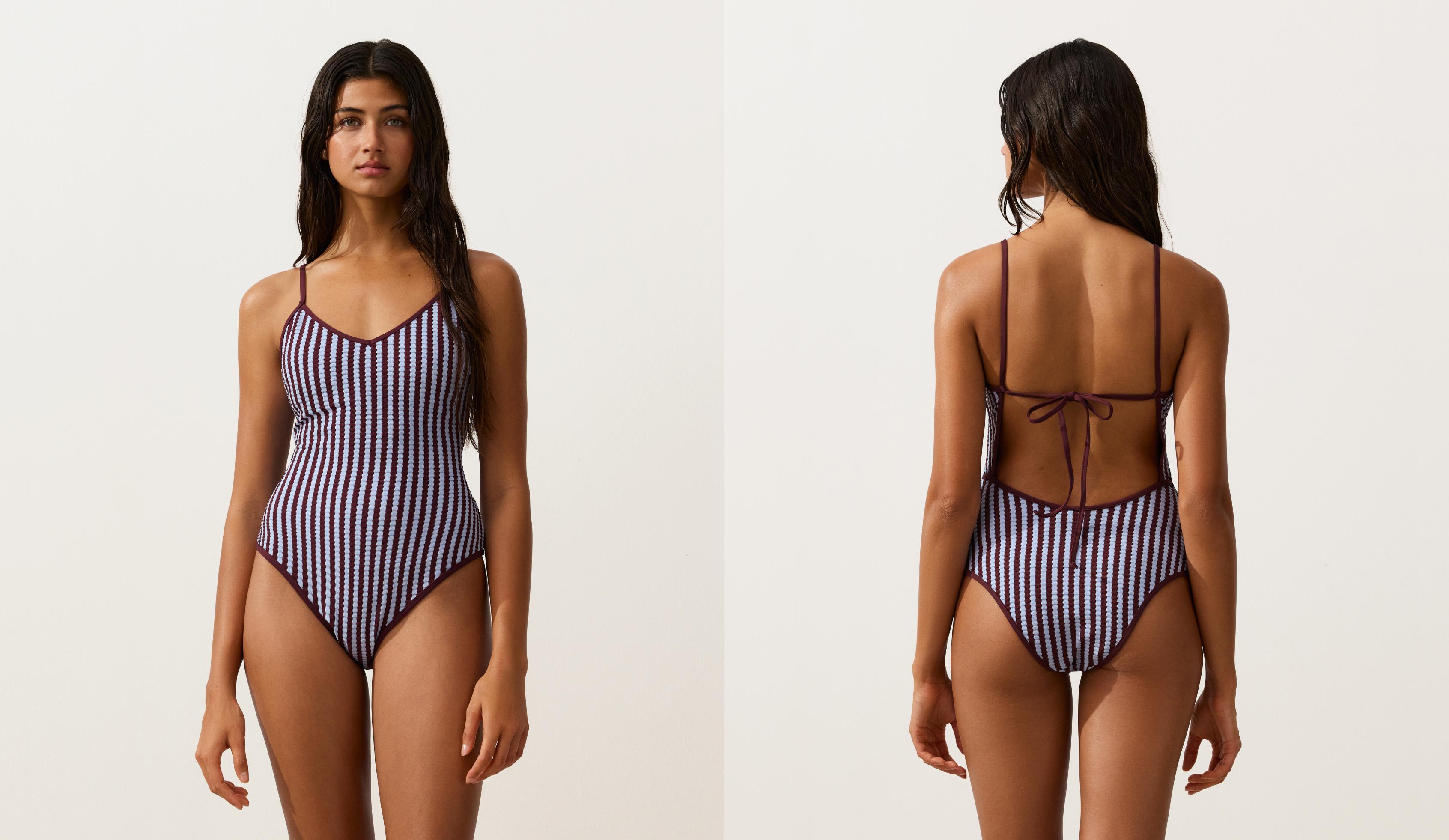 Textured stripe triangle swimsuit — CHERRY