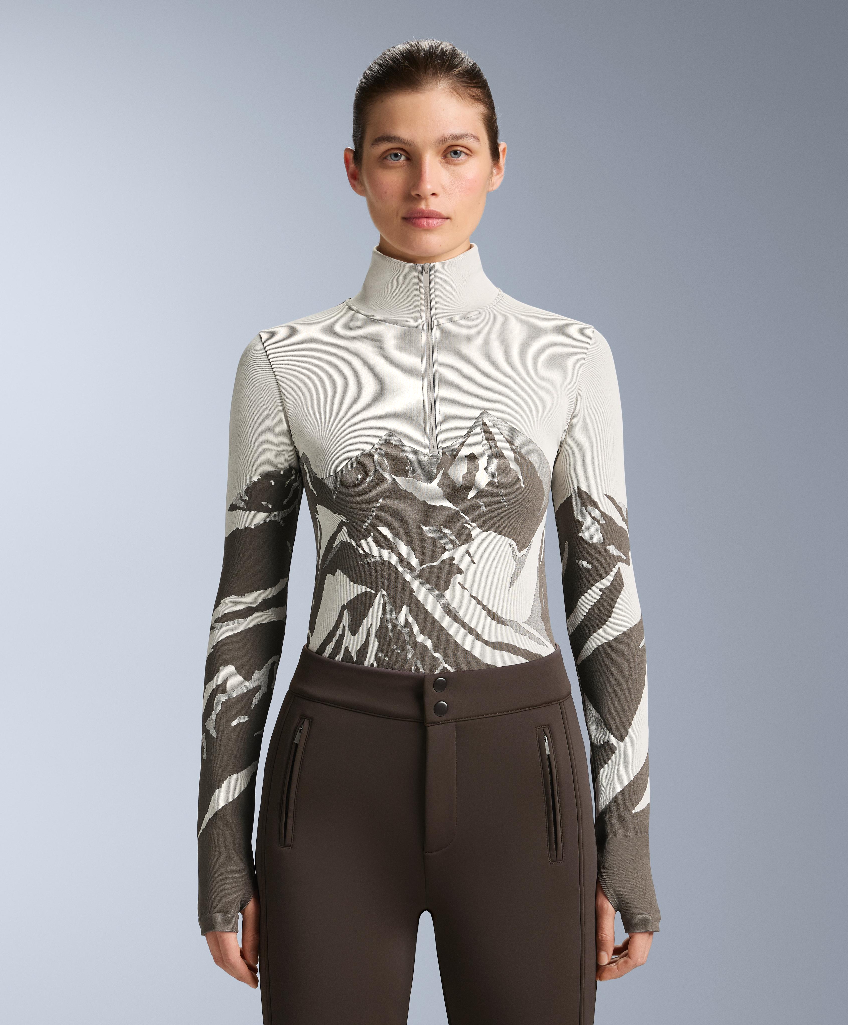 Seamless base layer thermal T-shirt with half zip and print — PALE MINK