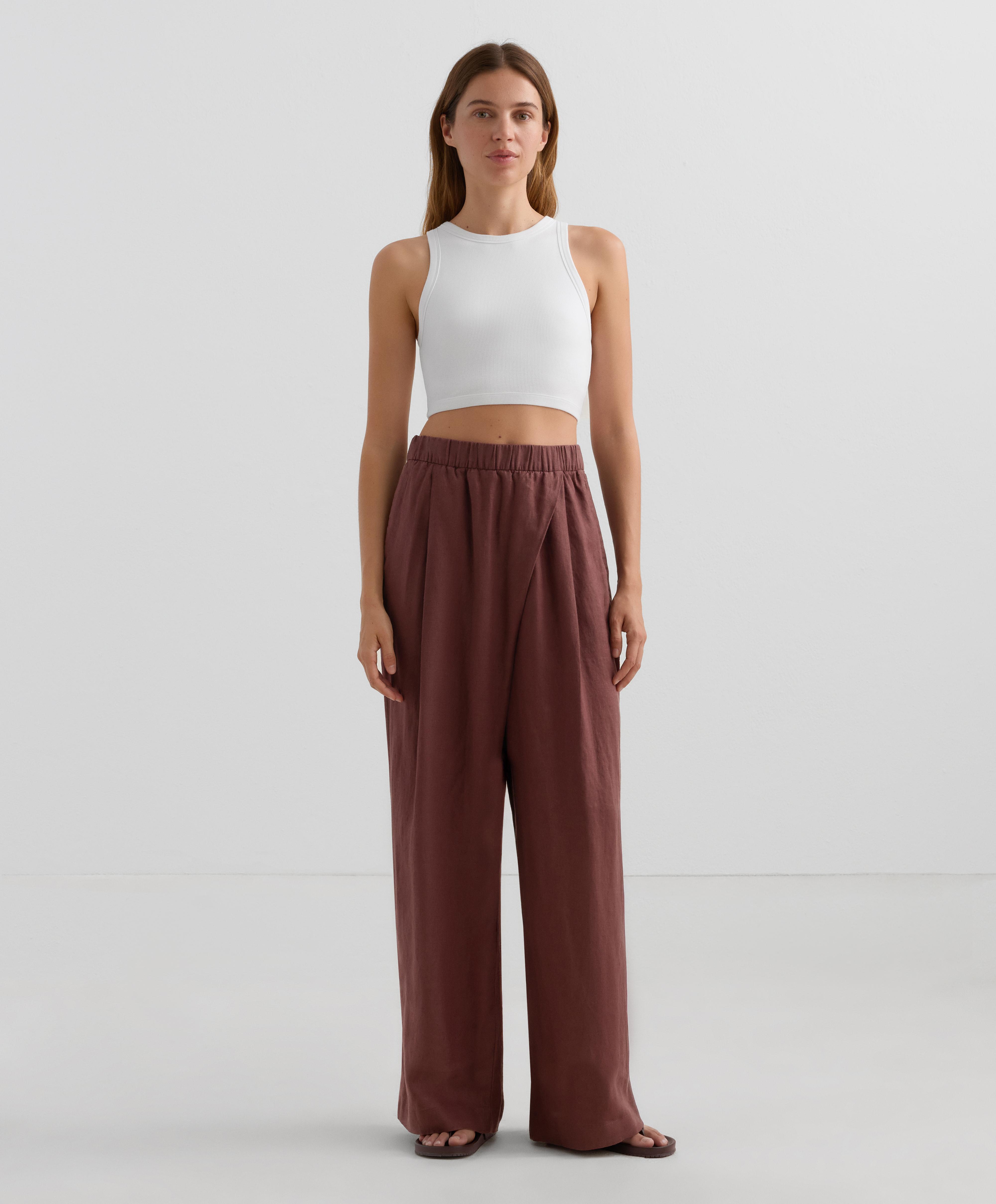 100% linen wide straight-leg trousers with crossover front - Sale 100% linen wide straight-leg trousers with crossover front - Sale