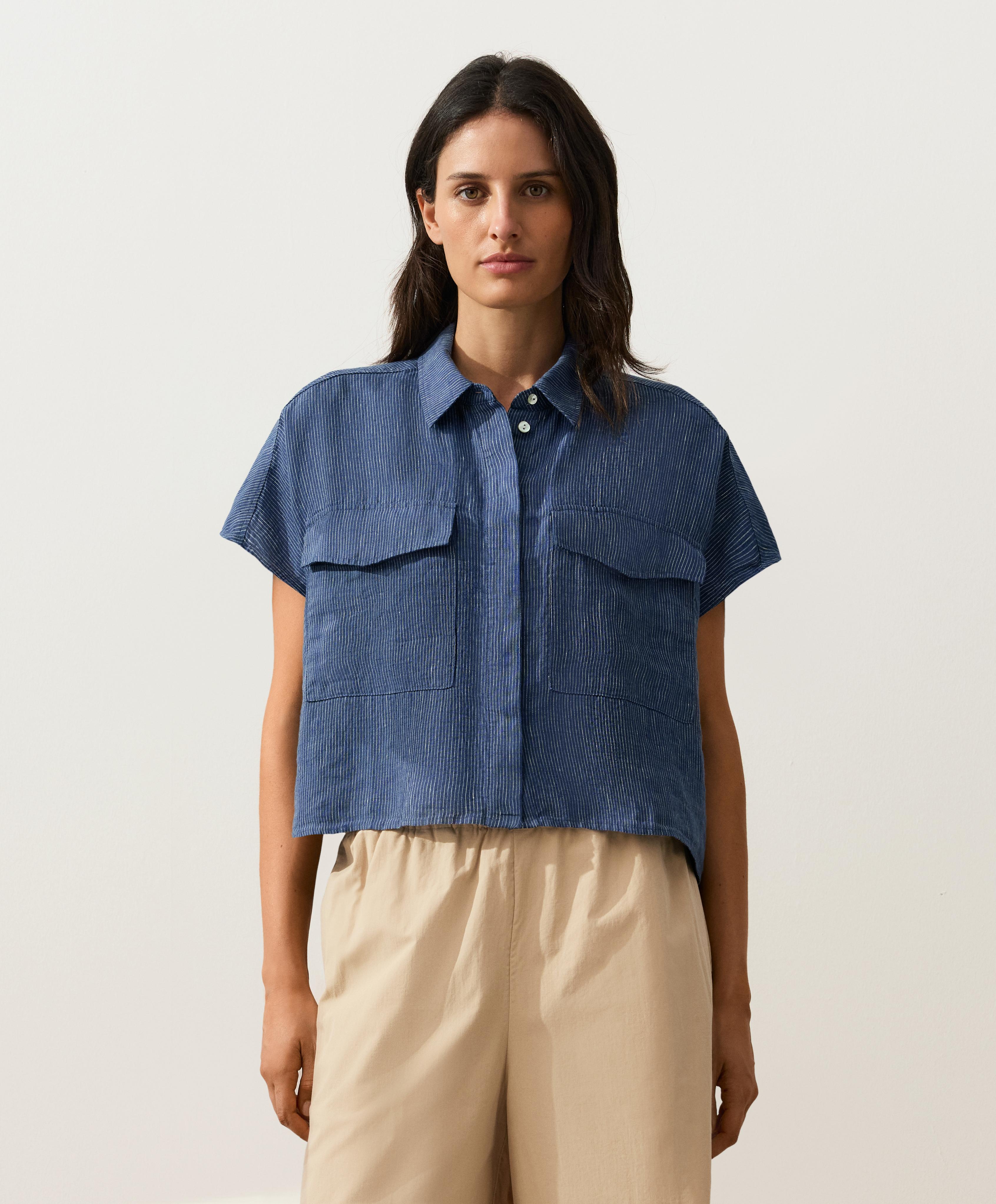 100% linen striped shirt with pockets — BLUE MELANGE