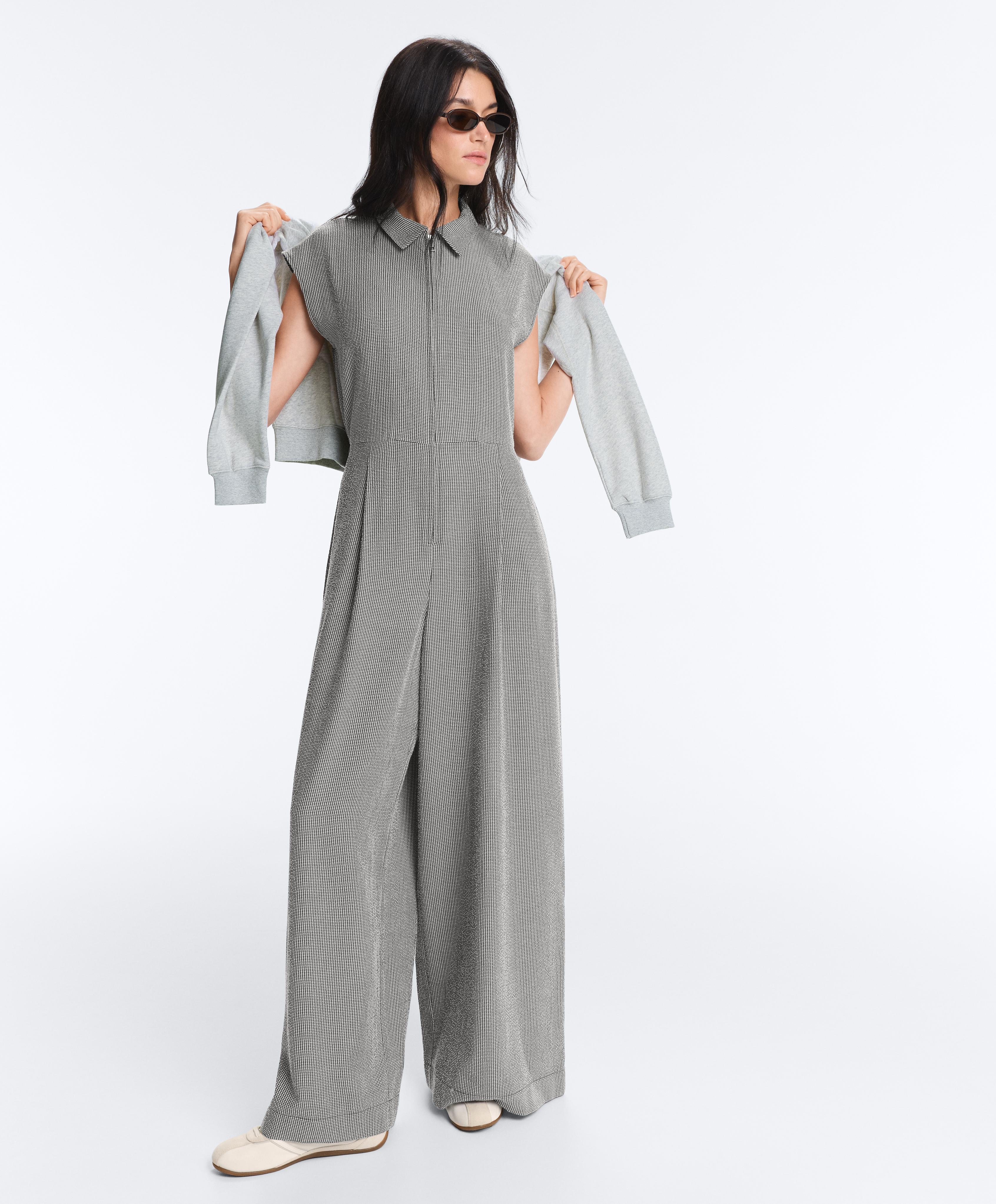 Long gingham jumpsuit with lapel collar and lyocell blend — DUSTY BLACK