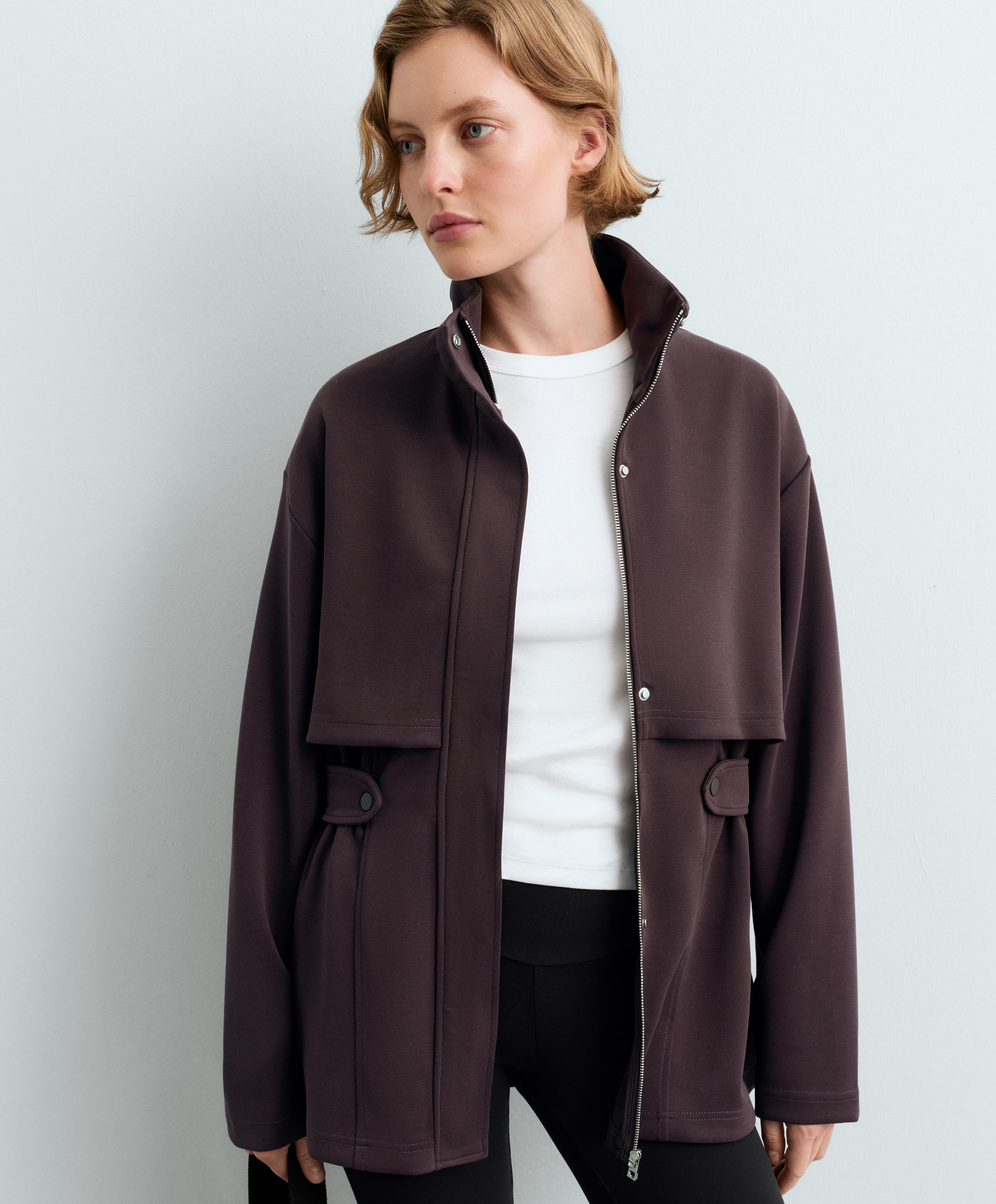 Long piqué jacket with belt — Purplish brown