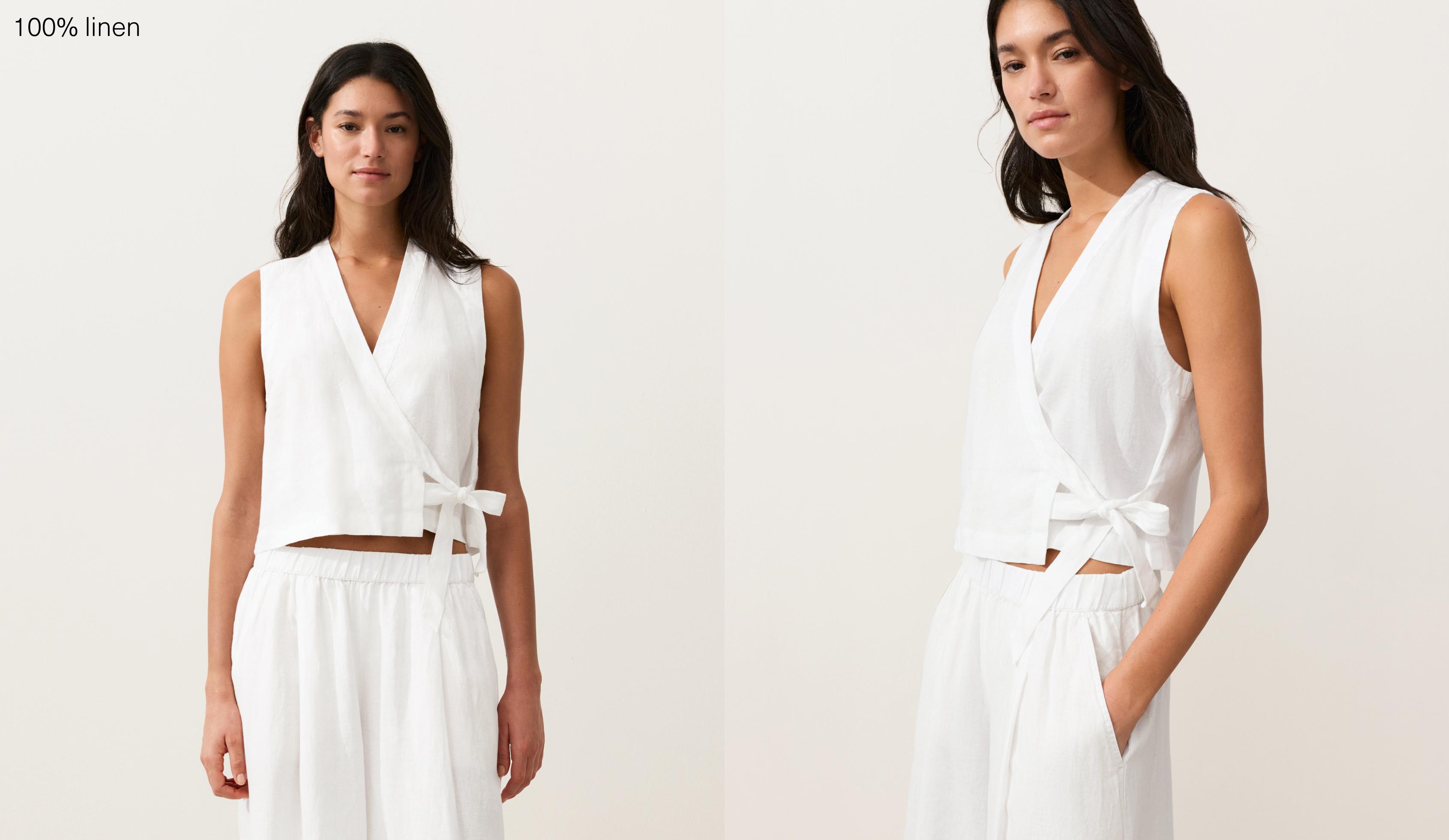 100% linen crossover top with tie fastening — WHITE