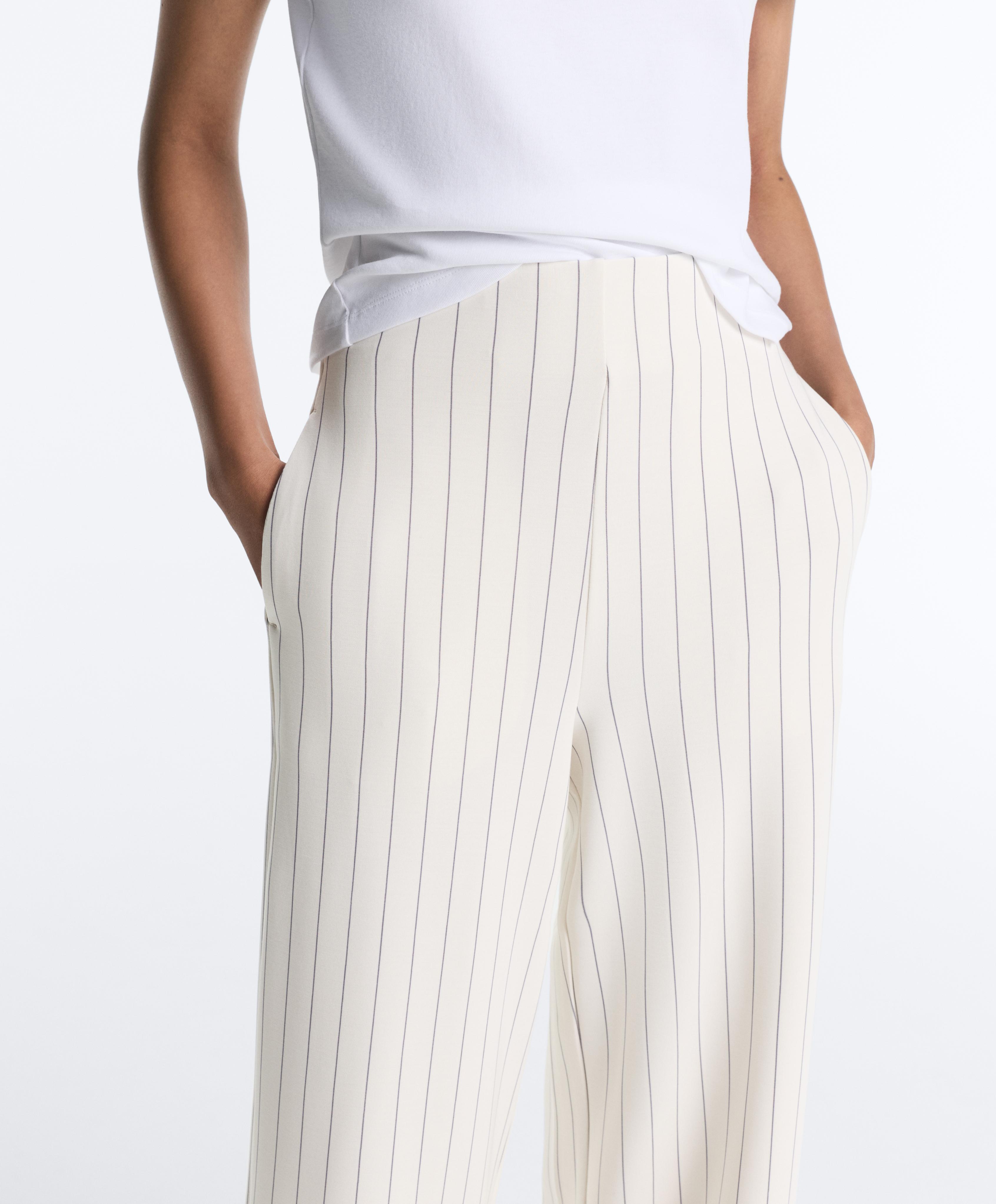 Soft touch pinstripe wide leg high rise trousers — ECRU