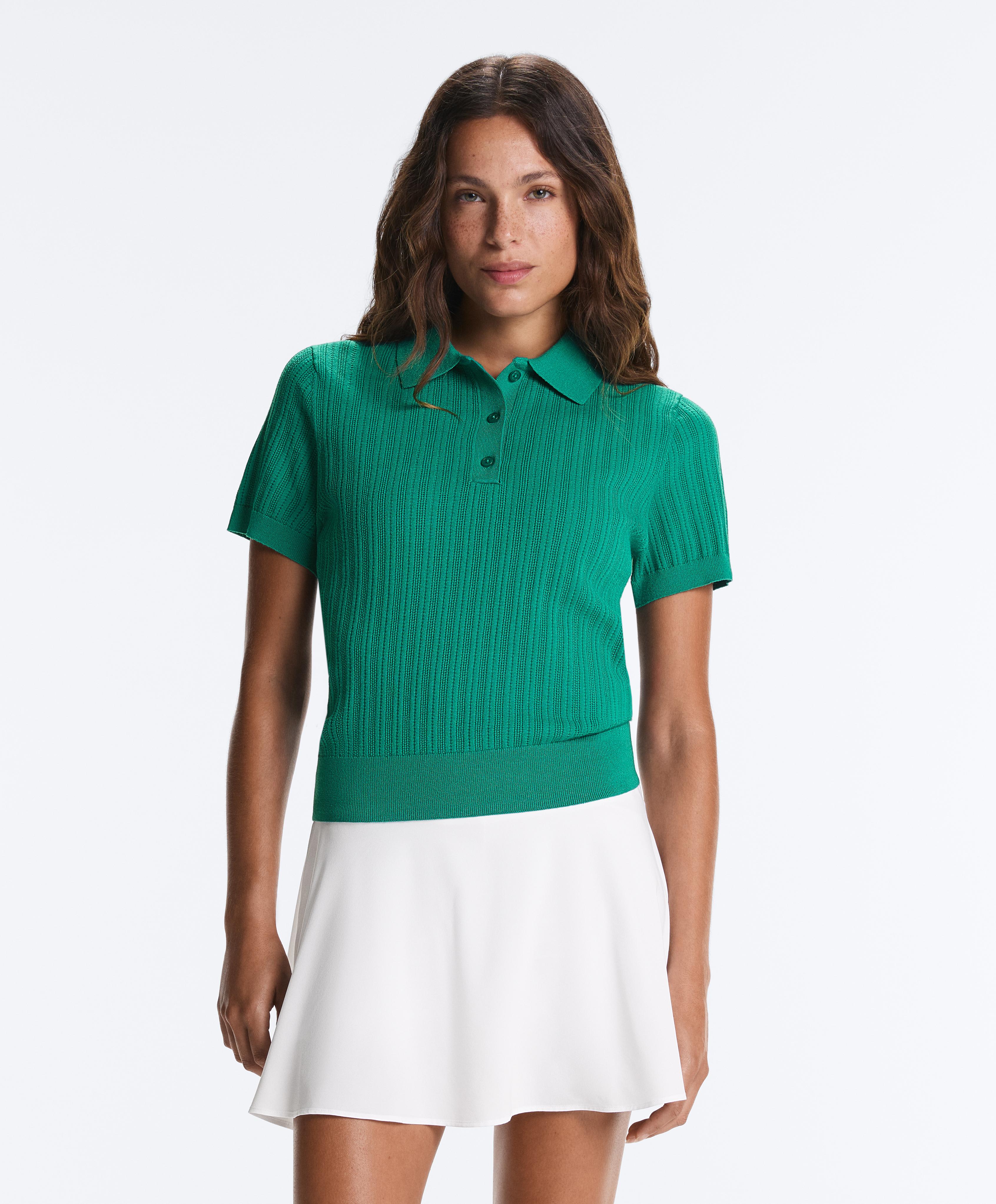 Short sleeve open knit polo shirt — EMERALD GREEN