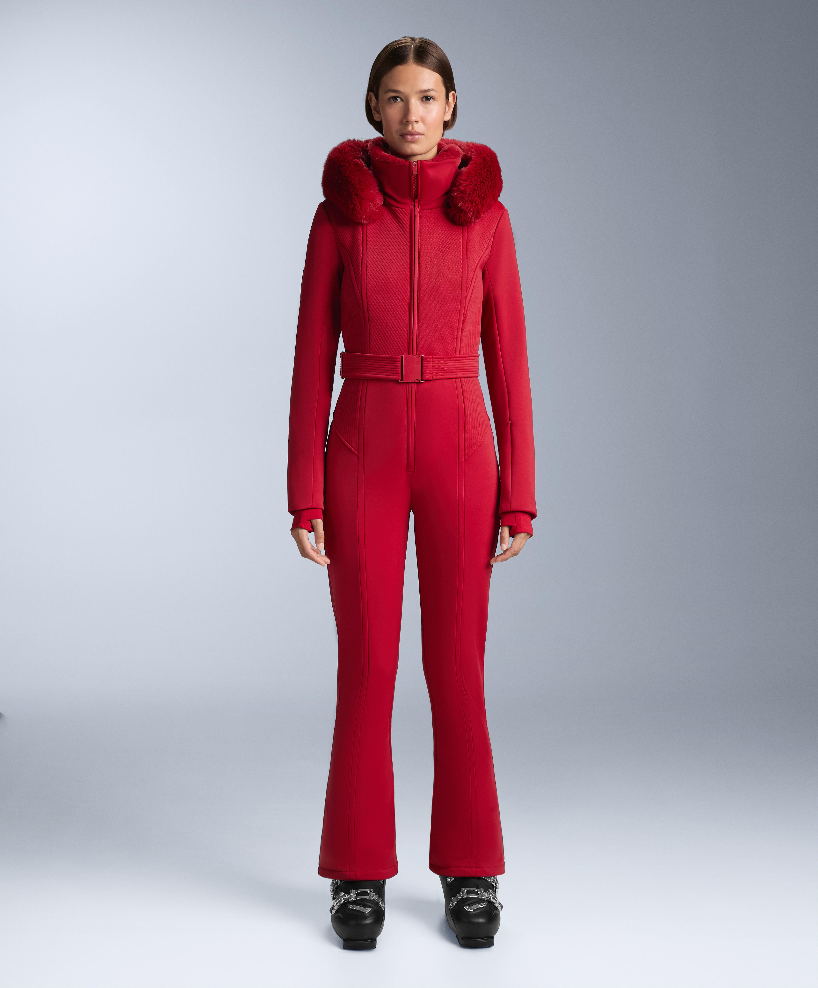 Water-resistant fitted stretch SKI jumpsuit — RED
