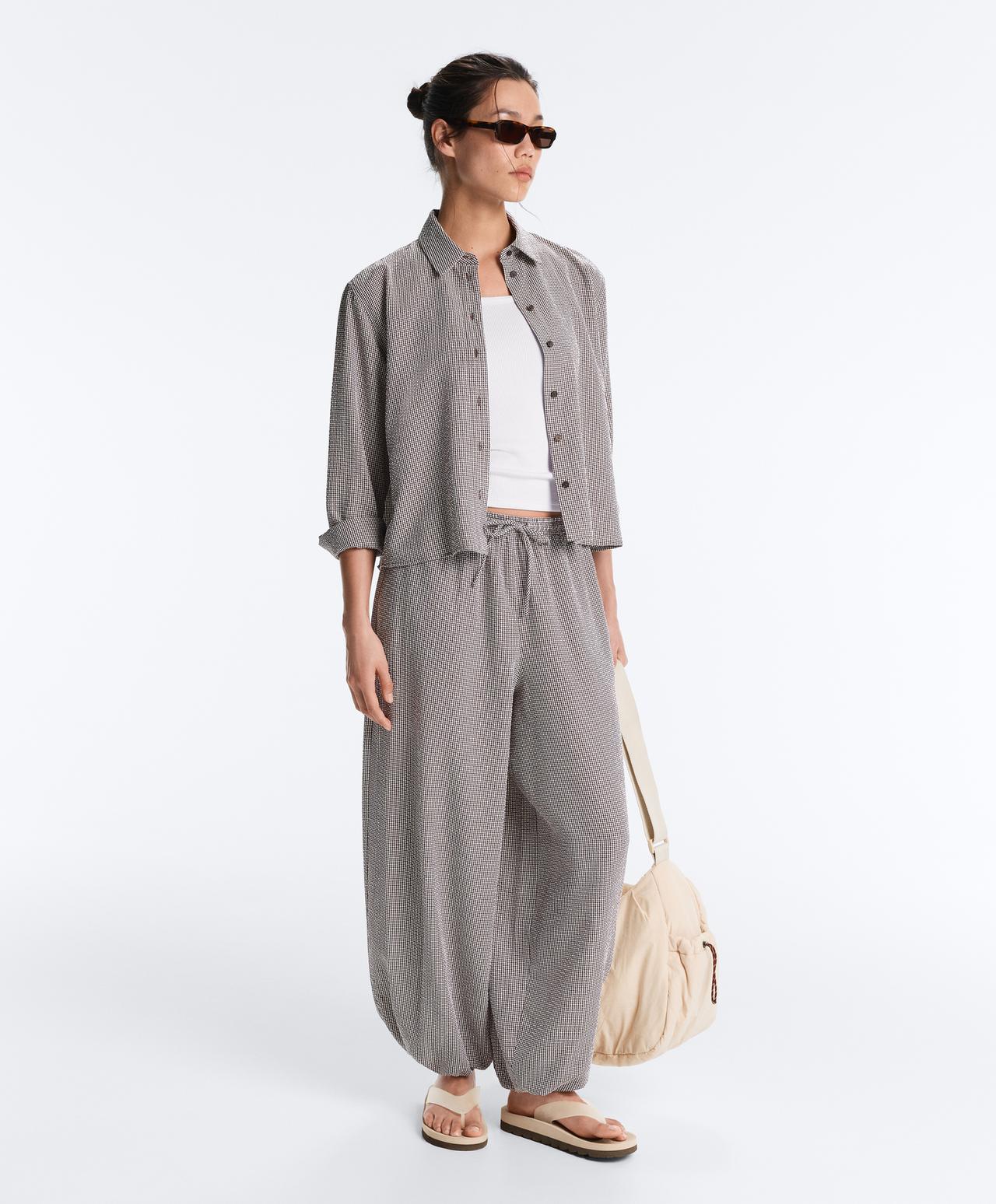Short gingham lyocell blend shirt — DARK REDDISH‑BROWN