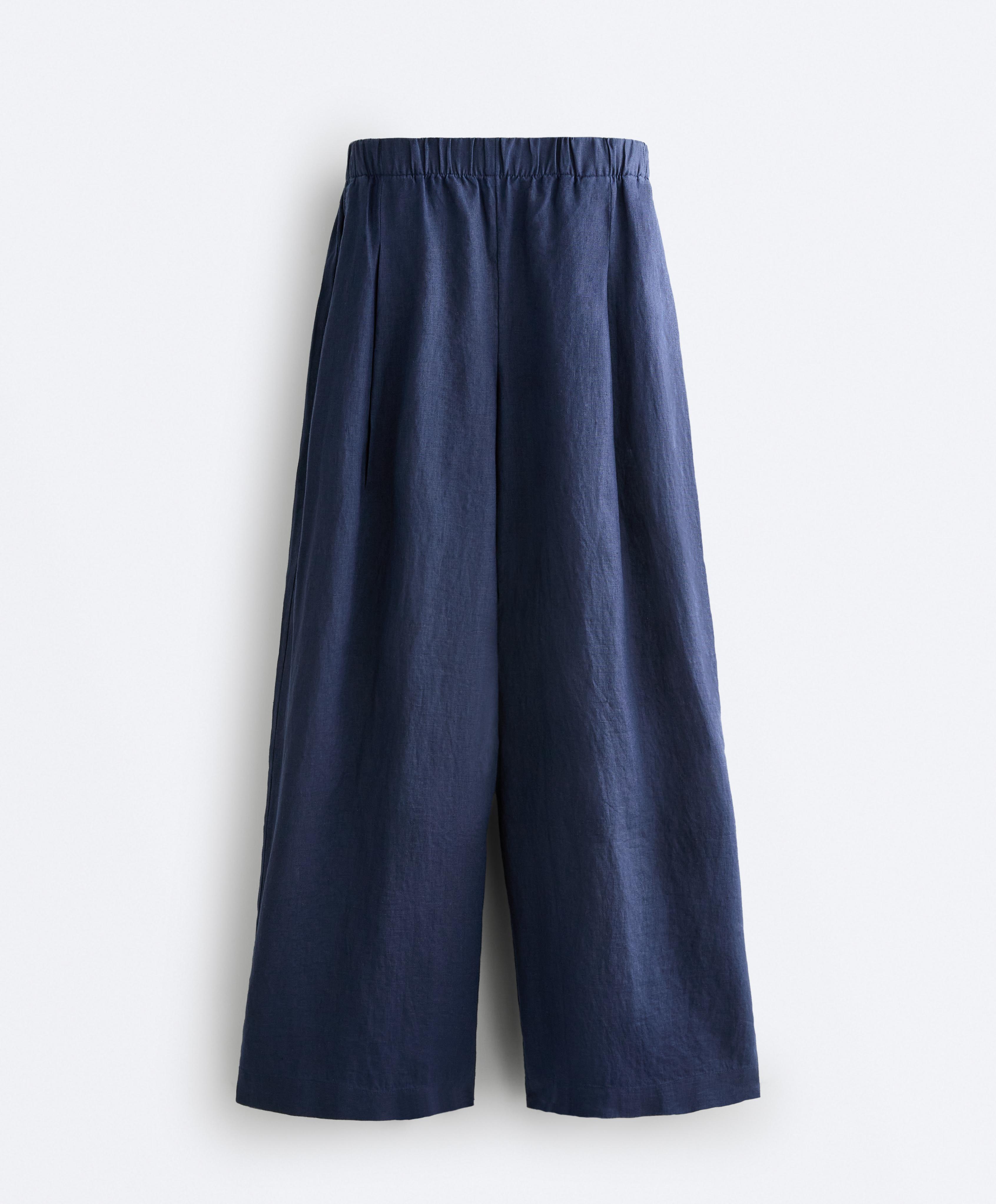 100% linen wide-leg trousers — NAVY