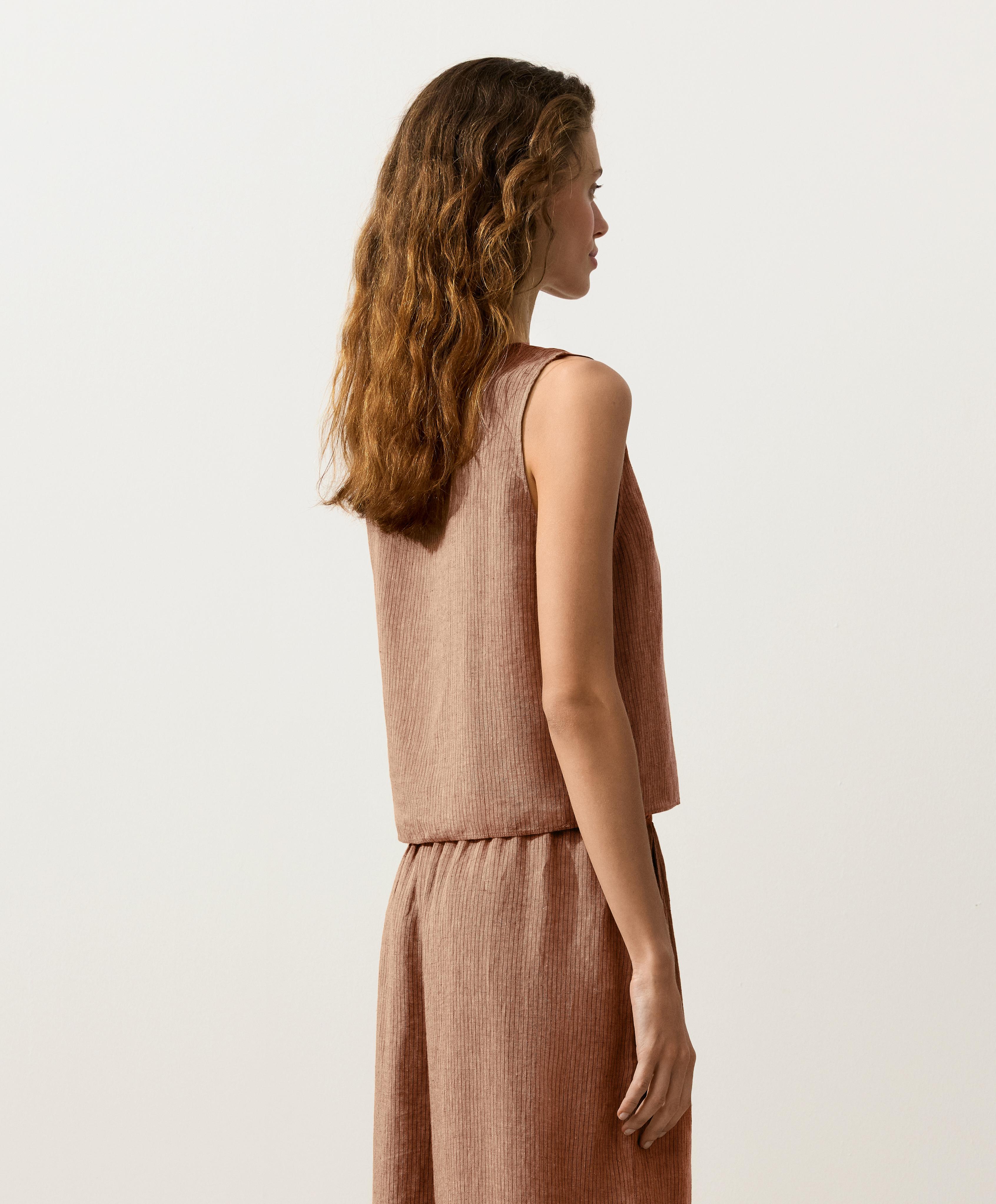 100% linen square neck crossover tie top — TAN MELANGE