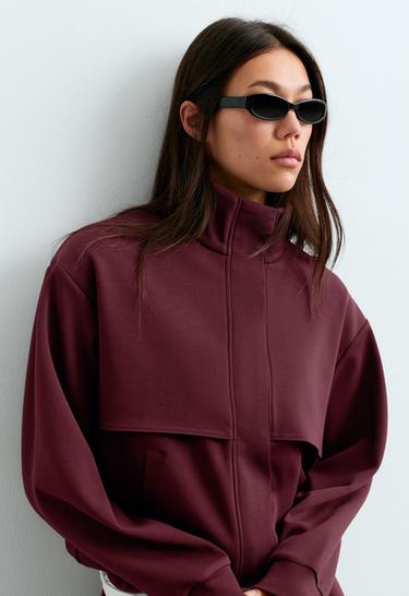 High-neck piqué jacket with cotton — BURGUNDY 4