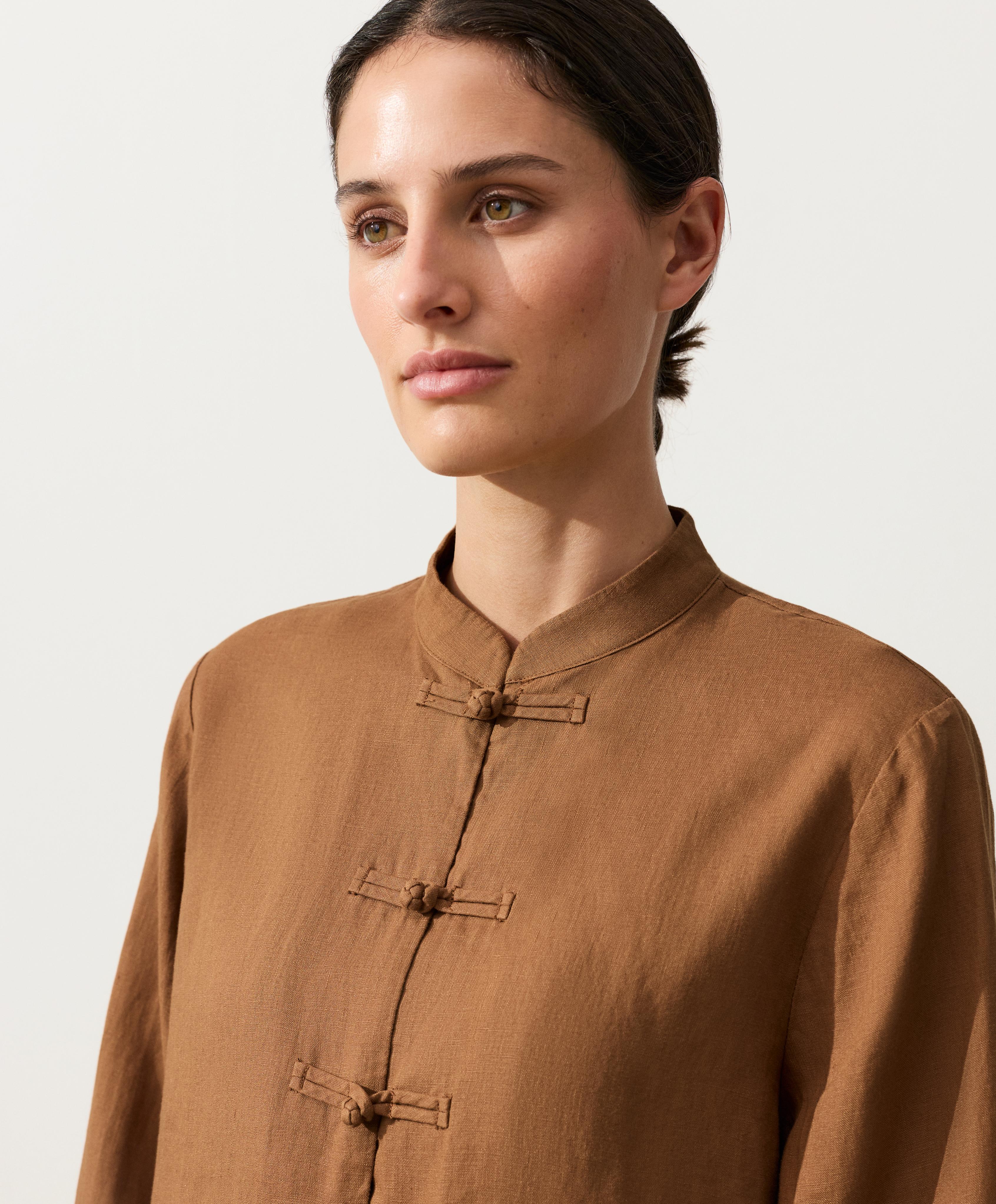 100% linen stand-up collar shirt — TOFFEE