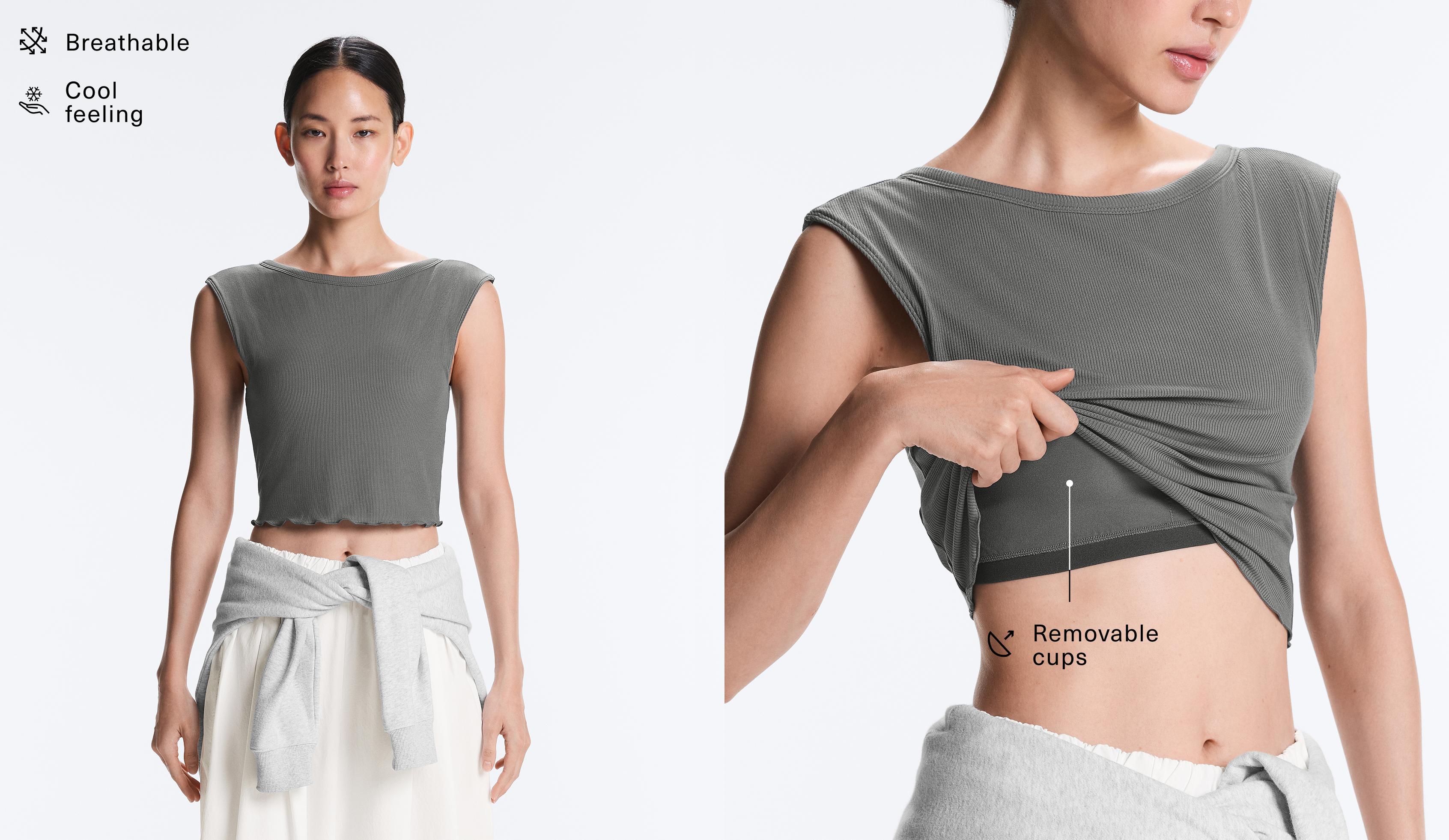 Rib modal blend short sleeve tank top with curling detail — MID GREY