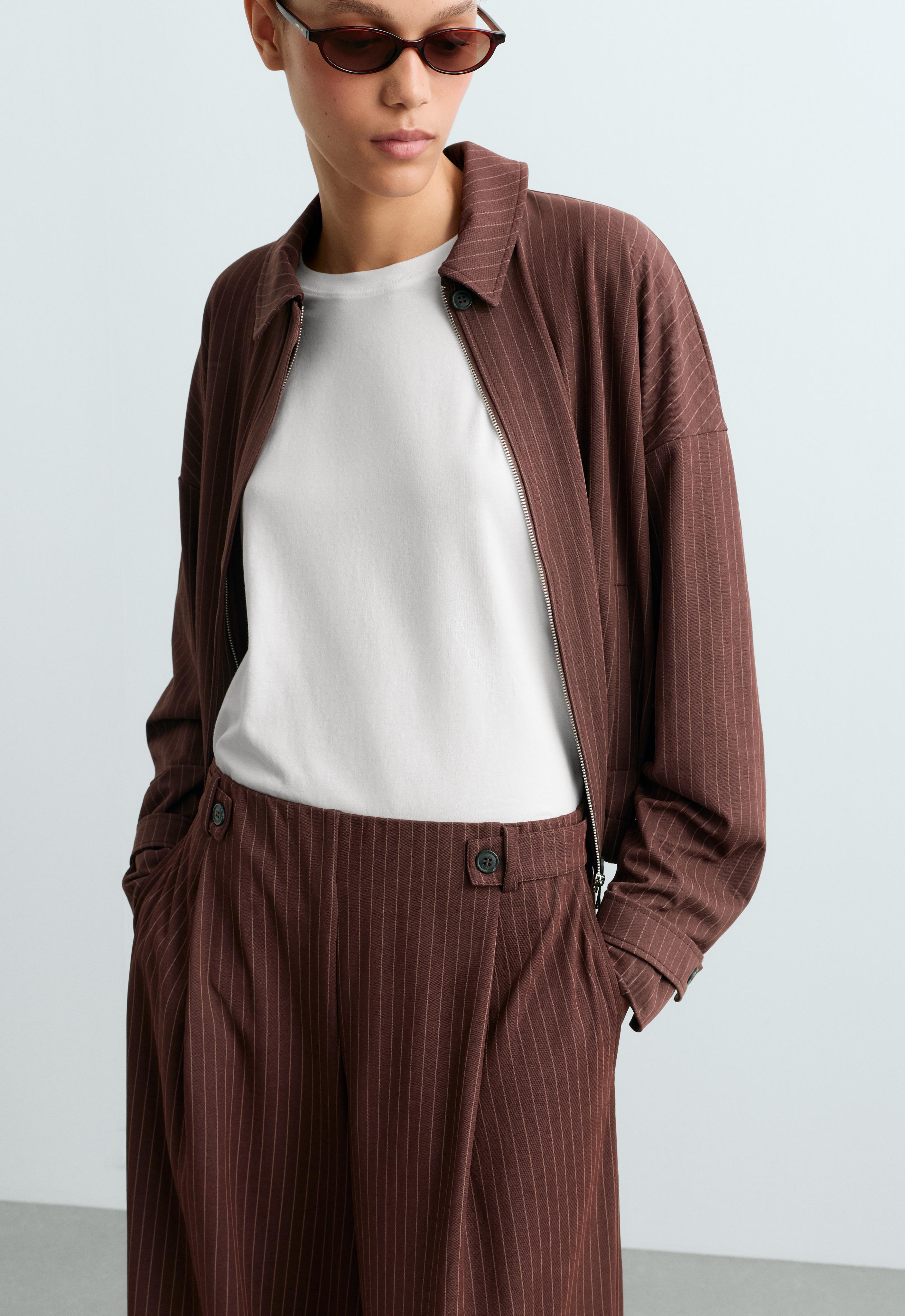 Wide-leg pinstripe piqué cotton crop trousers — CHOCOLATE