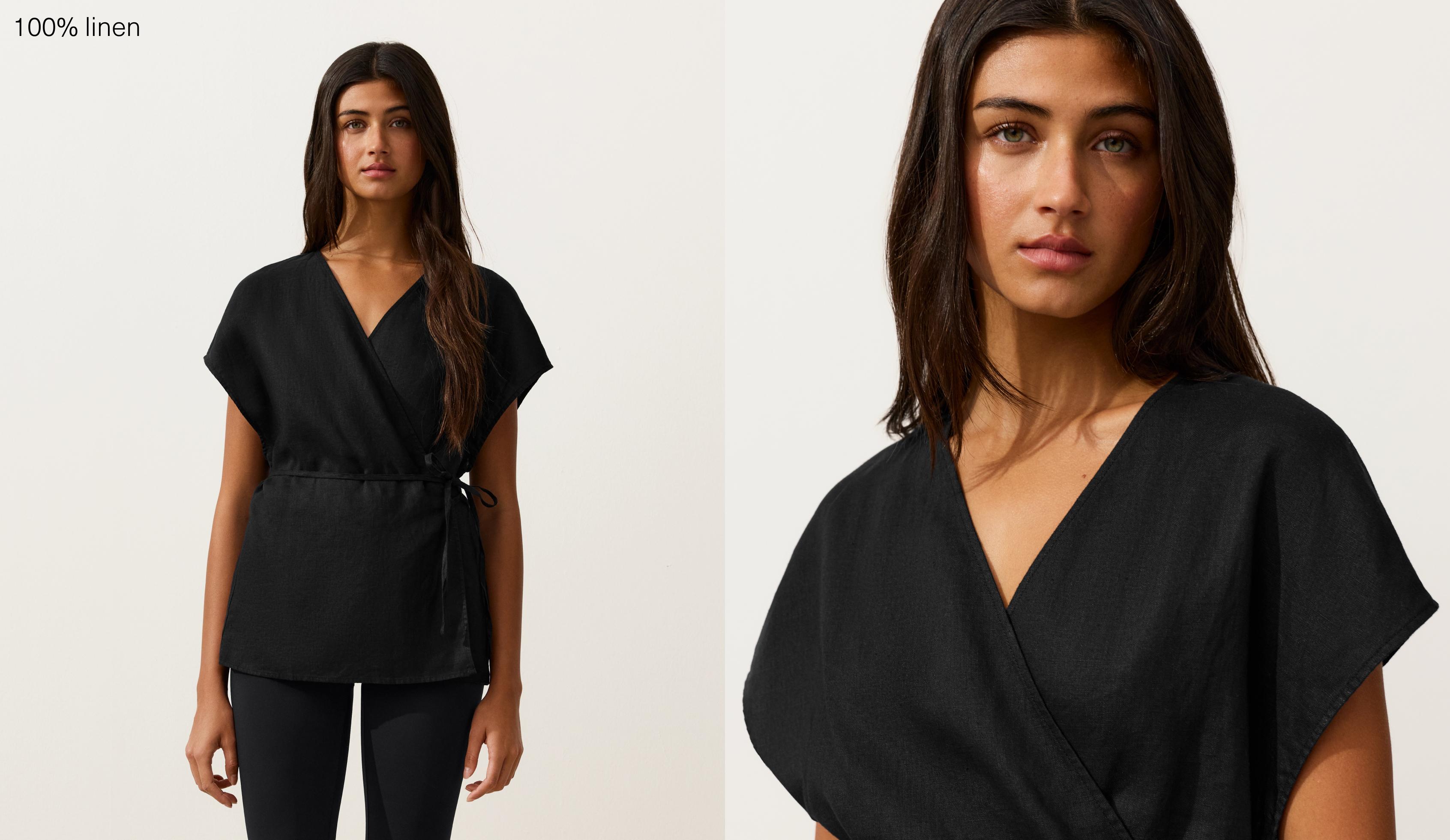 100% linen wrap shirt with tie — BLACK