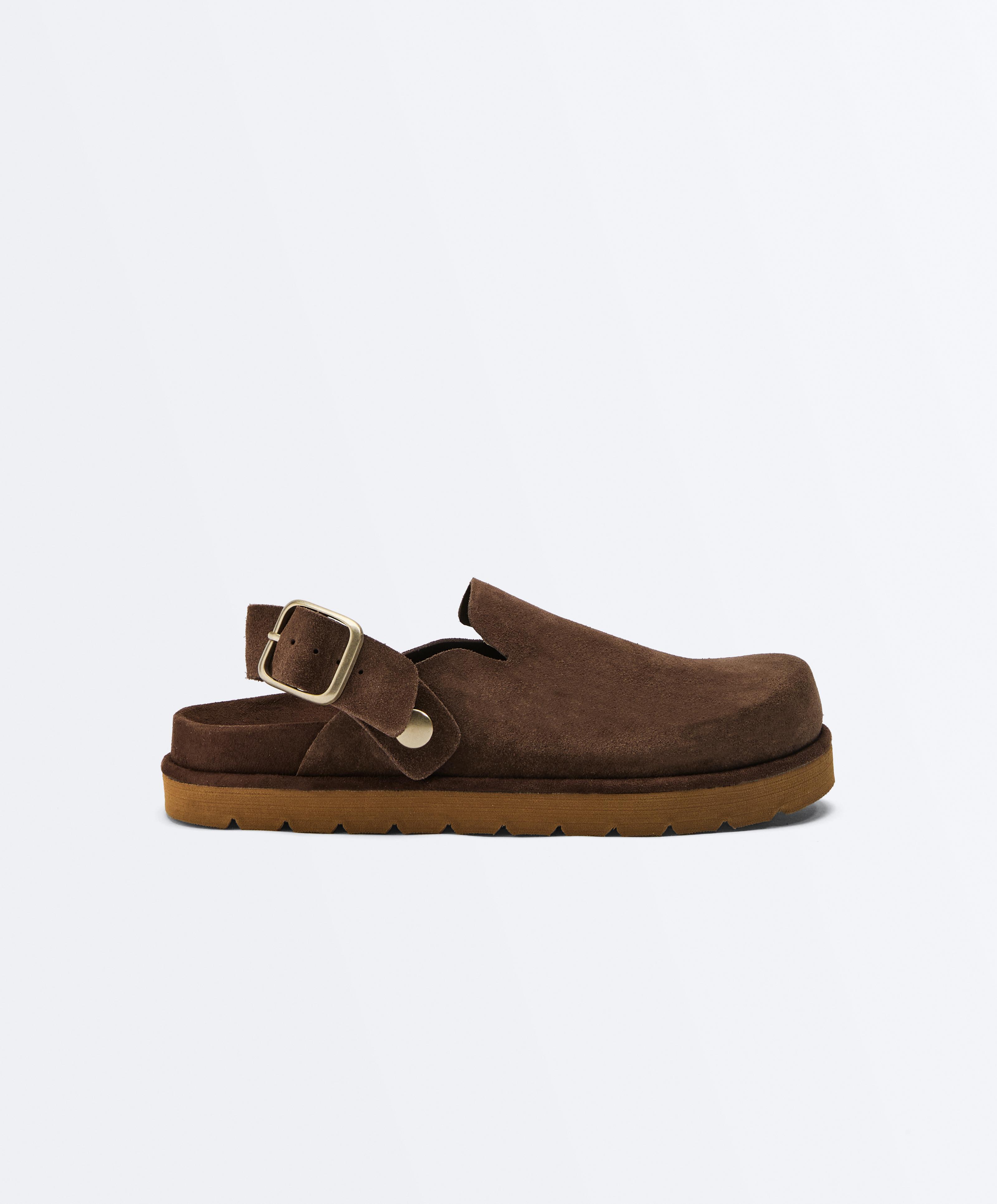 Buckled split-leather mules — BROWN