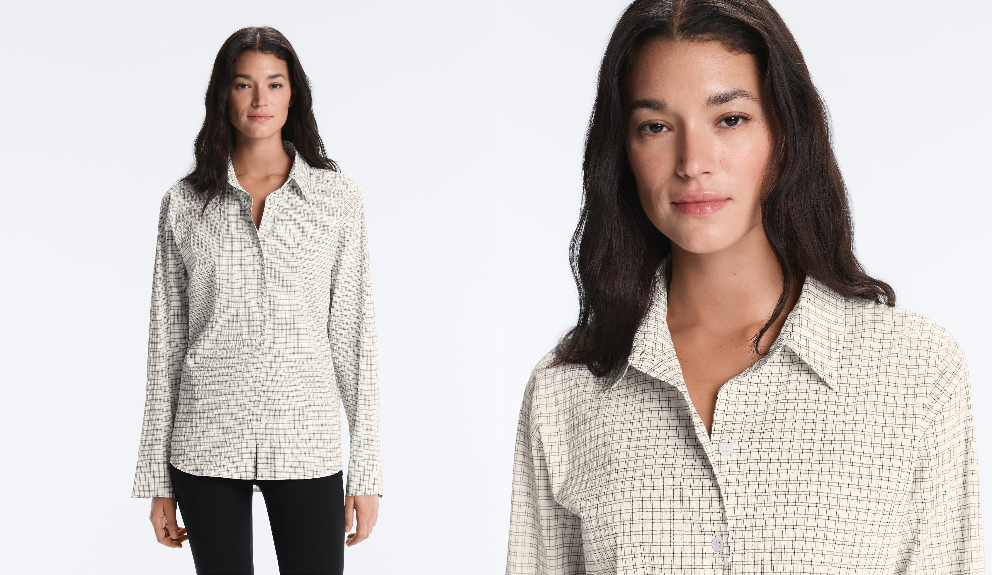 Cotton blend check long sleeve shirt — WHITE