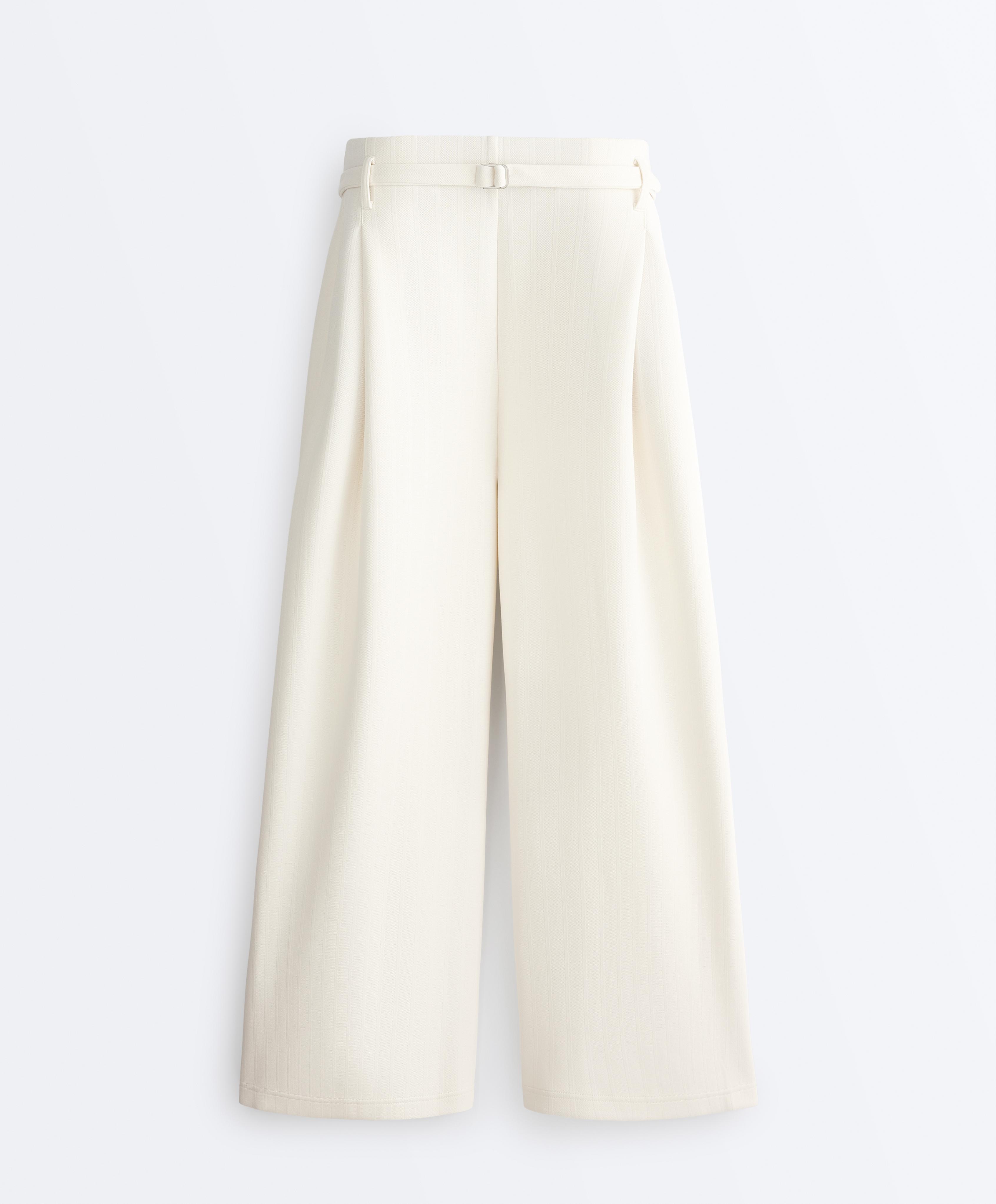 Striped cotton piqué wide-leg trousers — PALE ECRU