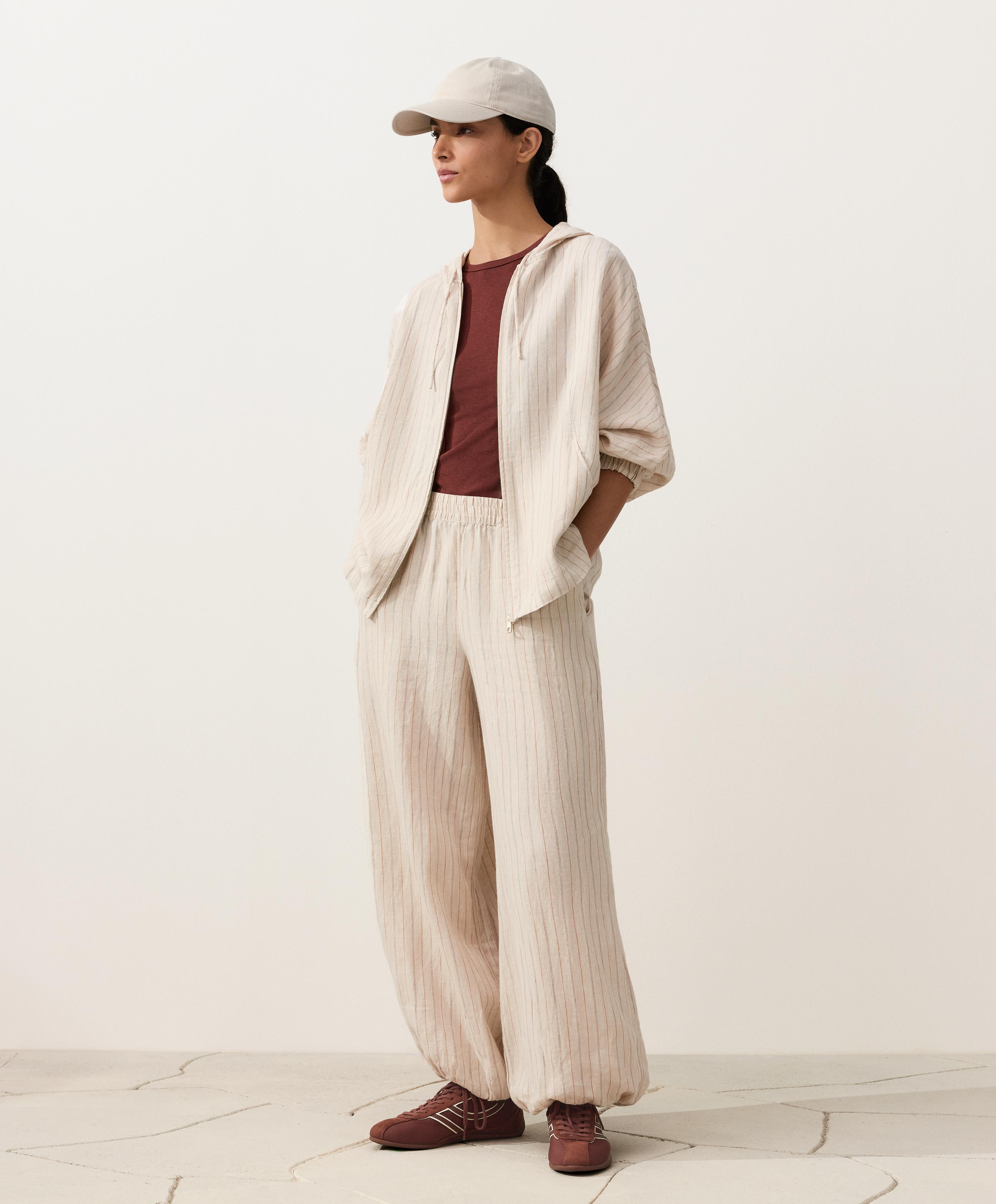 100% linen striped bloomer trousers — SAND MELANGE