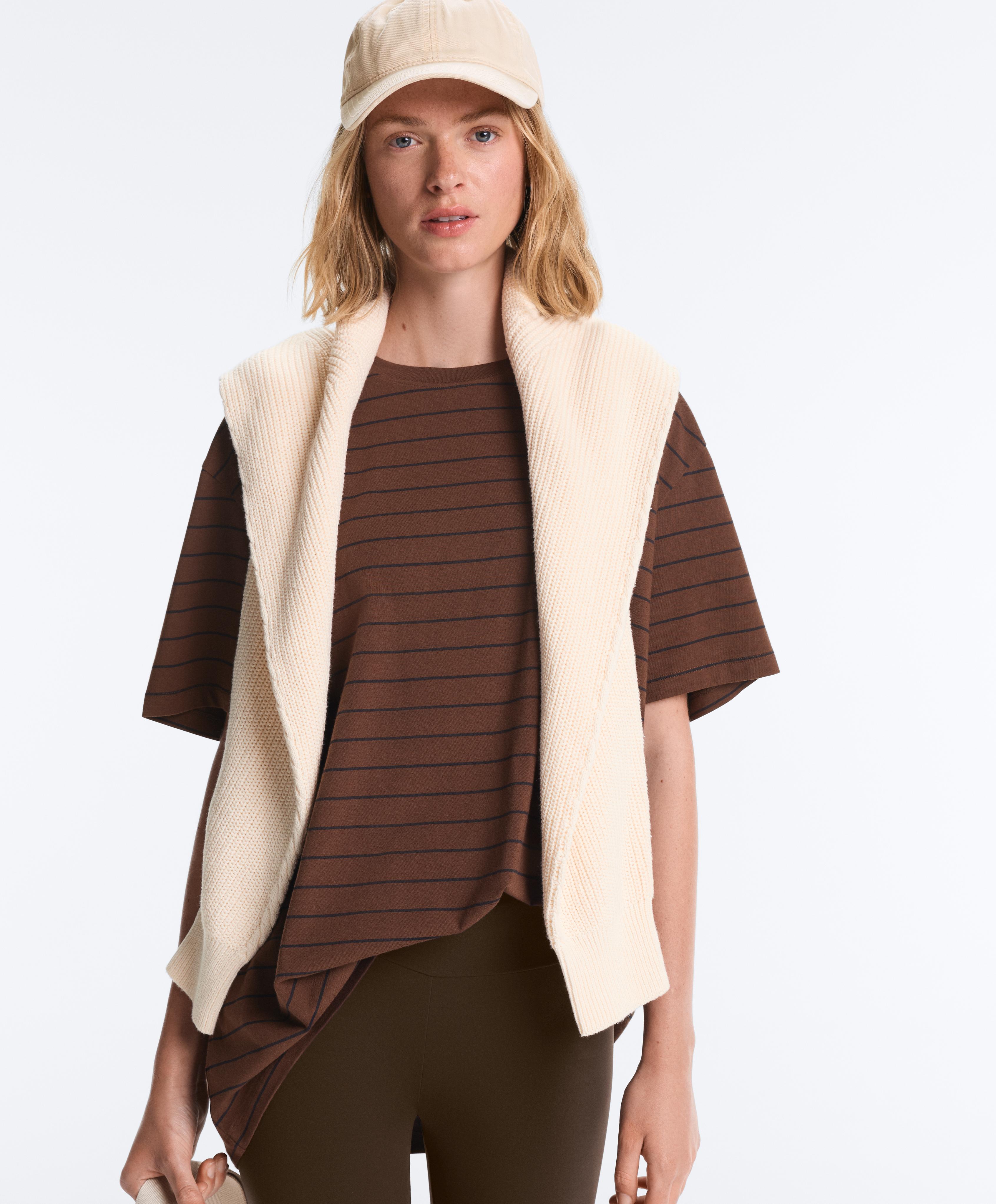 Oversize striped cotton blend short sleeve T-shirt — DARK BROWN