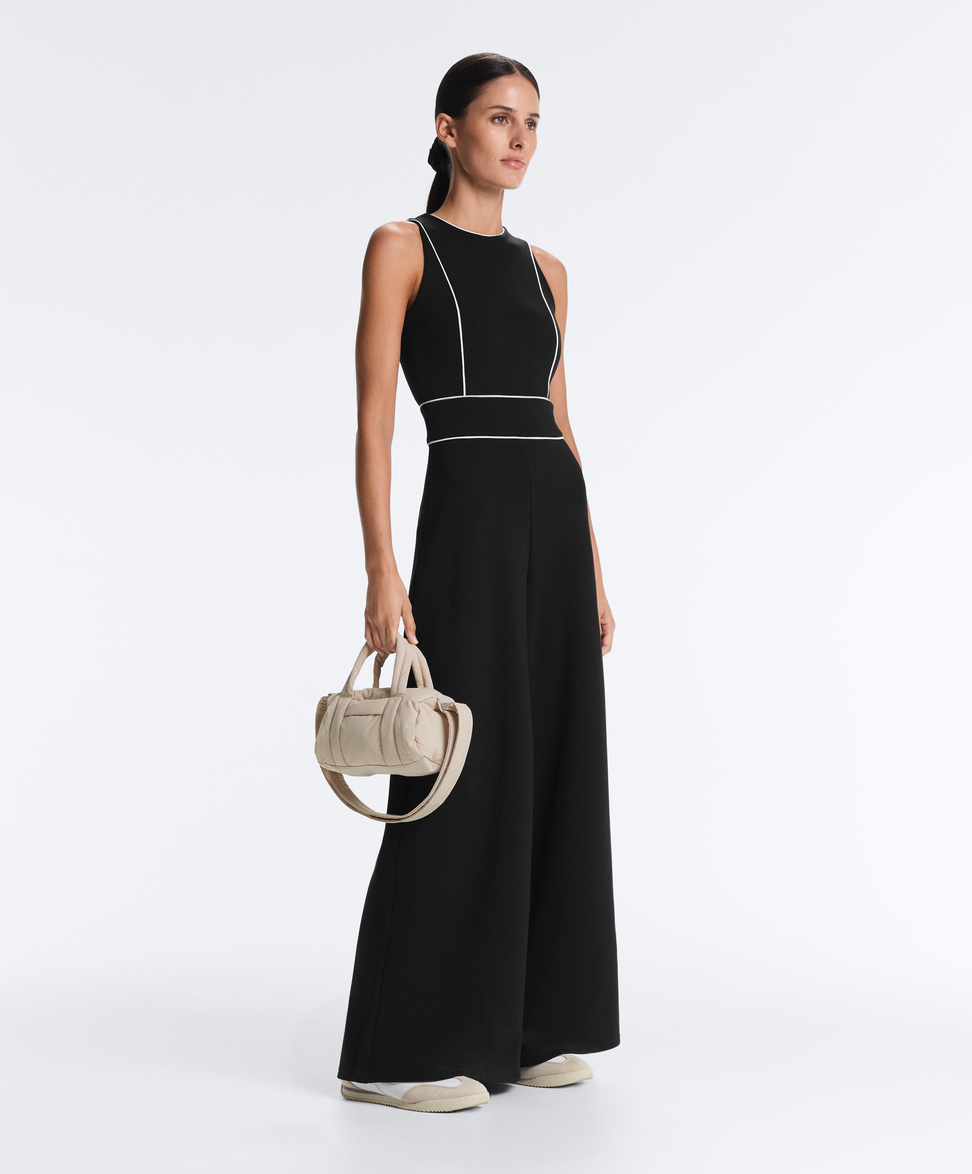 Long piping piqué jumpsuit with cotton — BLACK
