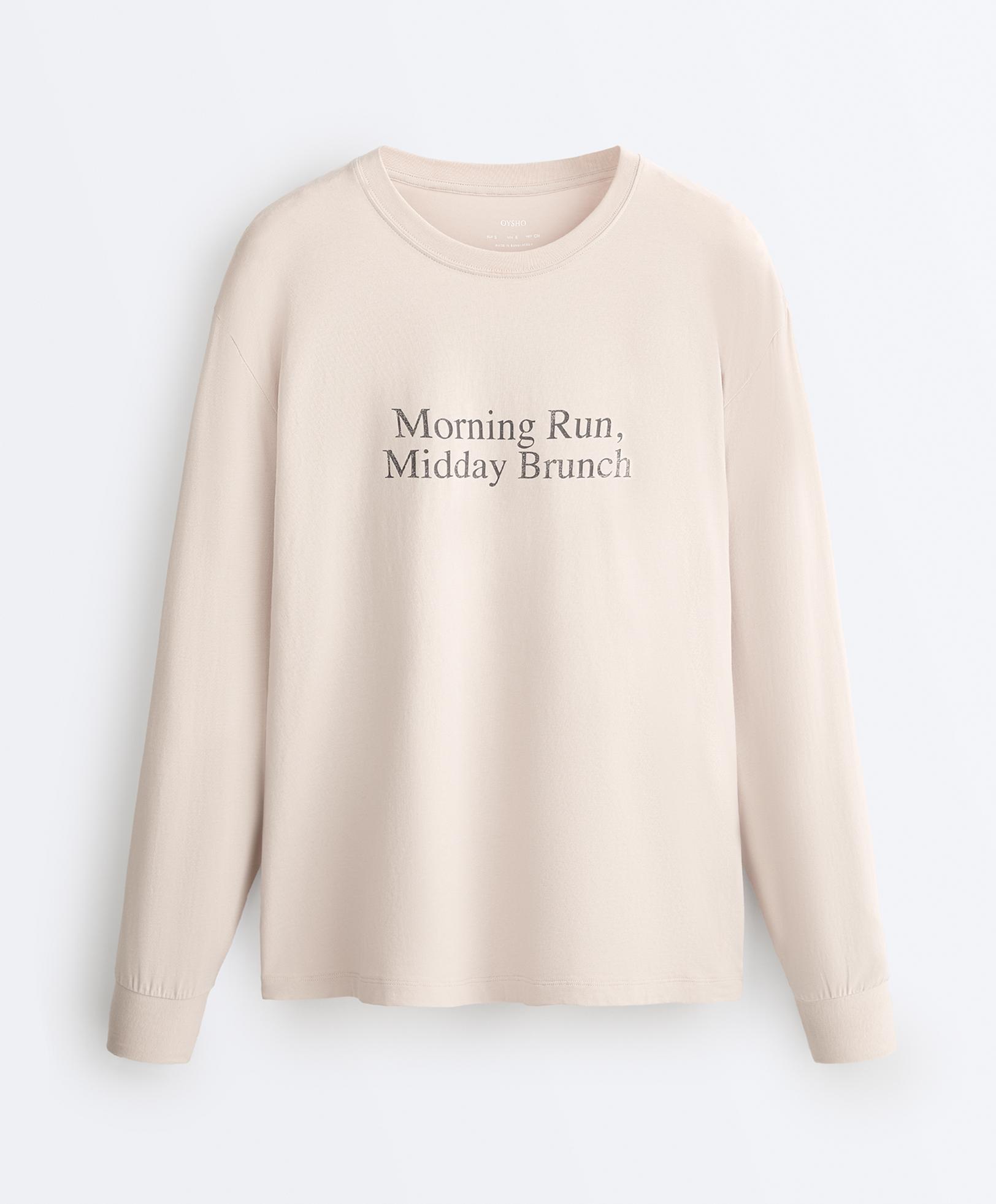 Oversize cotton blend long-sleeved T-shirt with slogan — SAND