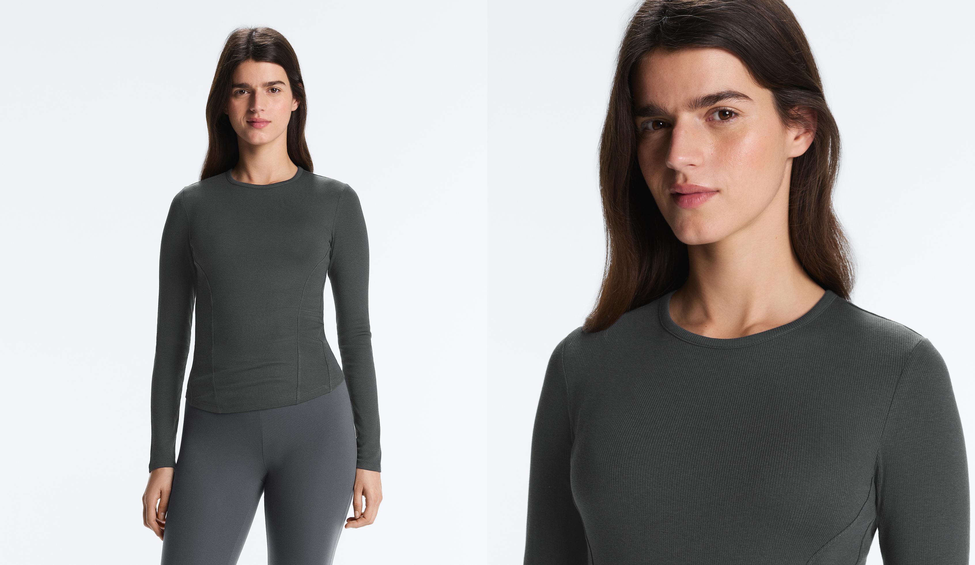 Fitted long sleeve rib T-shirt with cotton and modal — ASPHALT