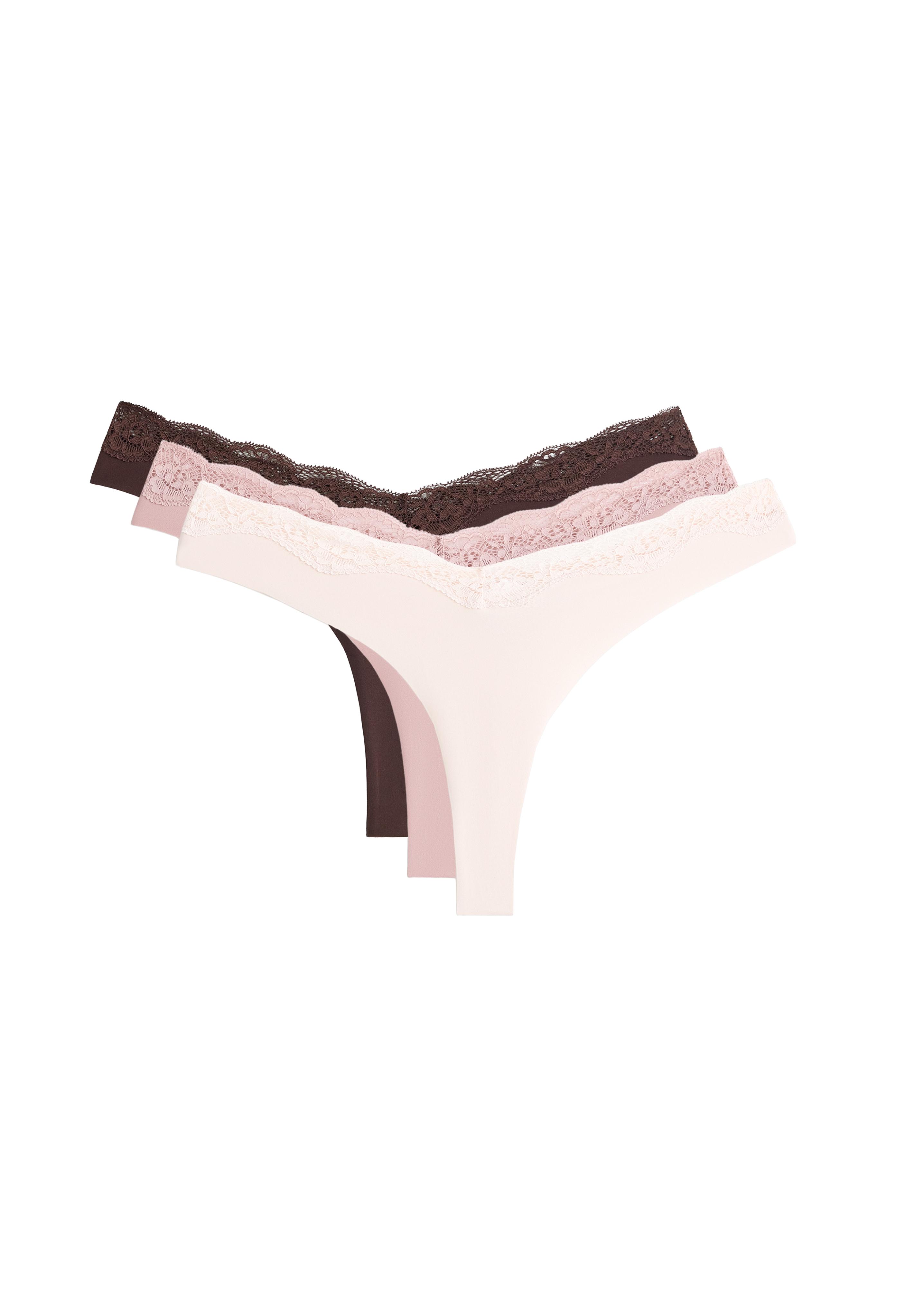 3 laser-cut polyamide blend lace thongs — CHOCOLATE