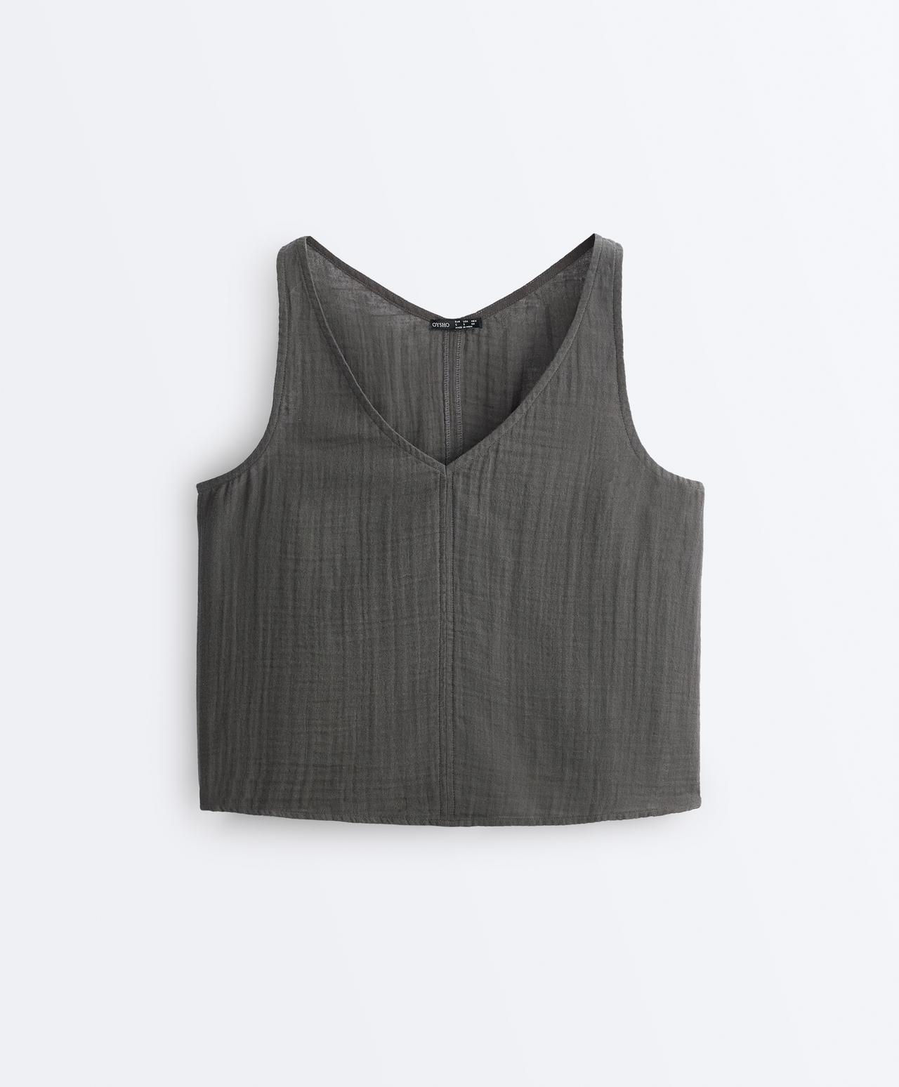 100% cotton gauze V-neck strappy top — ASPHALT