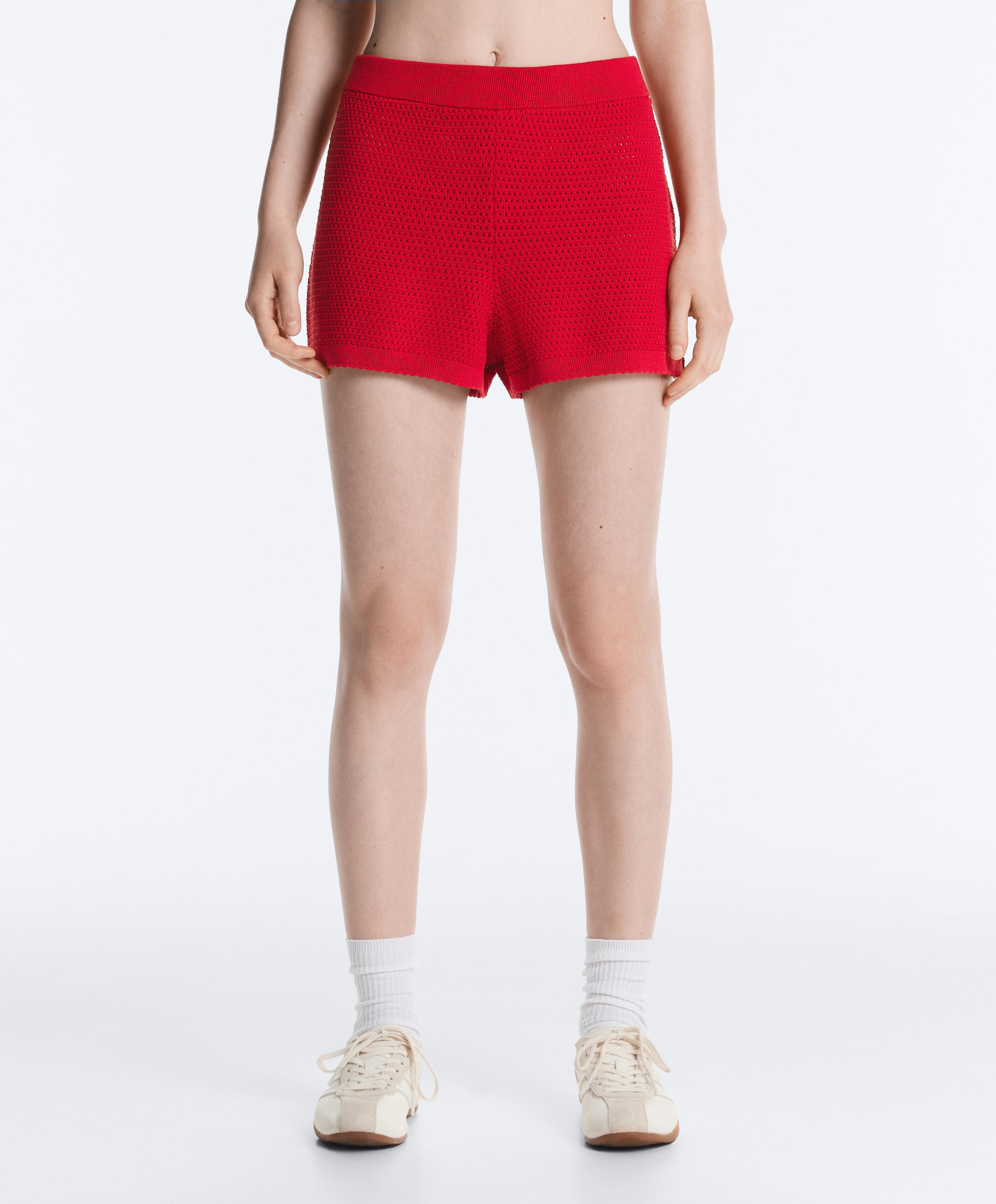 Cotton openwork knit shorts — BRIGHT RED