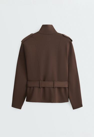 Cropped piqué utility jacket with belt — DARK BROWN 12
