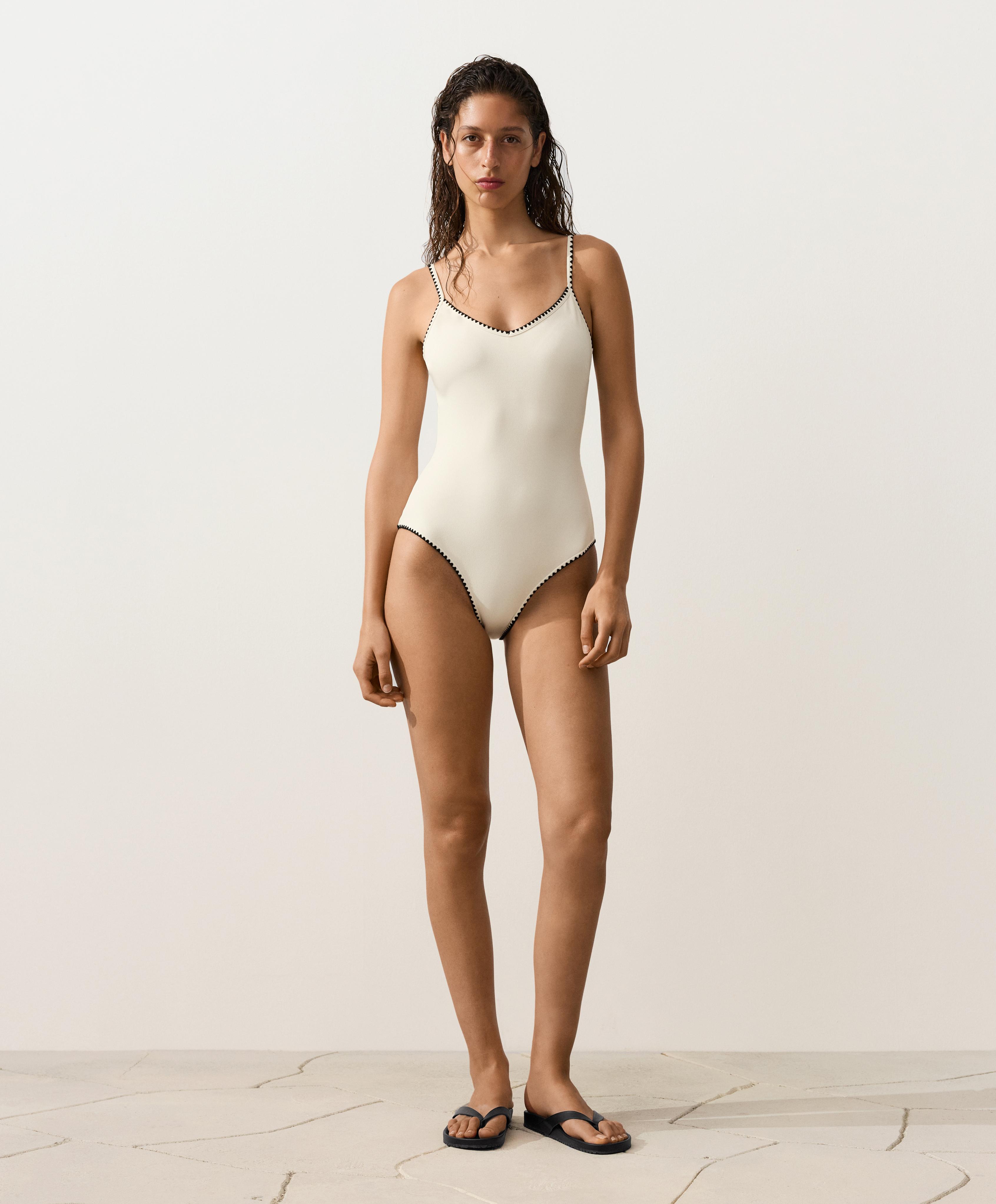 Contrast stitch swimsuit — PALE ECRU