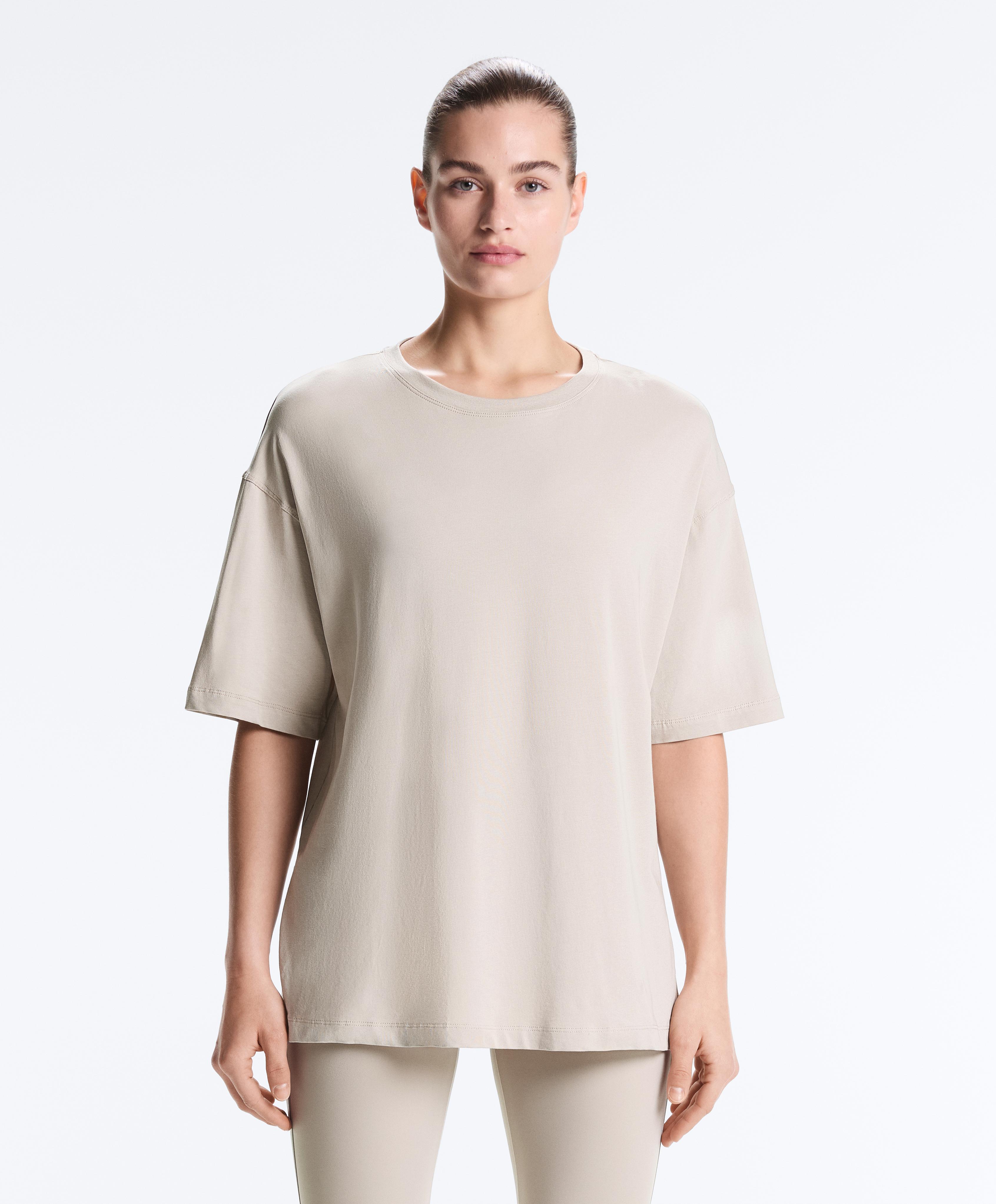 Long short-sleeved cotton blend T-shirt — TAUPE