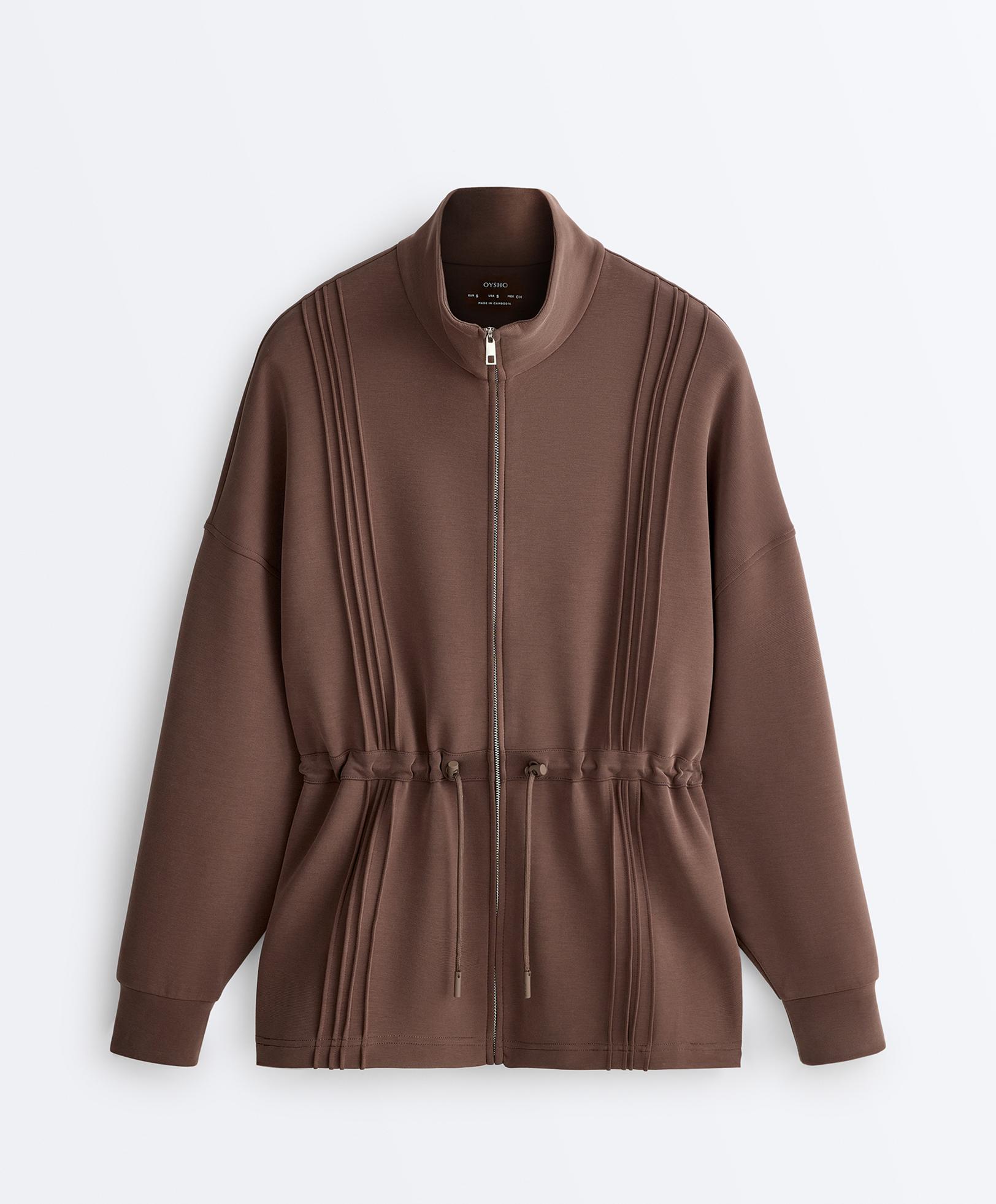 Long jacket with ribbed high neck and soft-touch modal — MID-BROWN