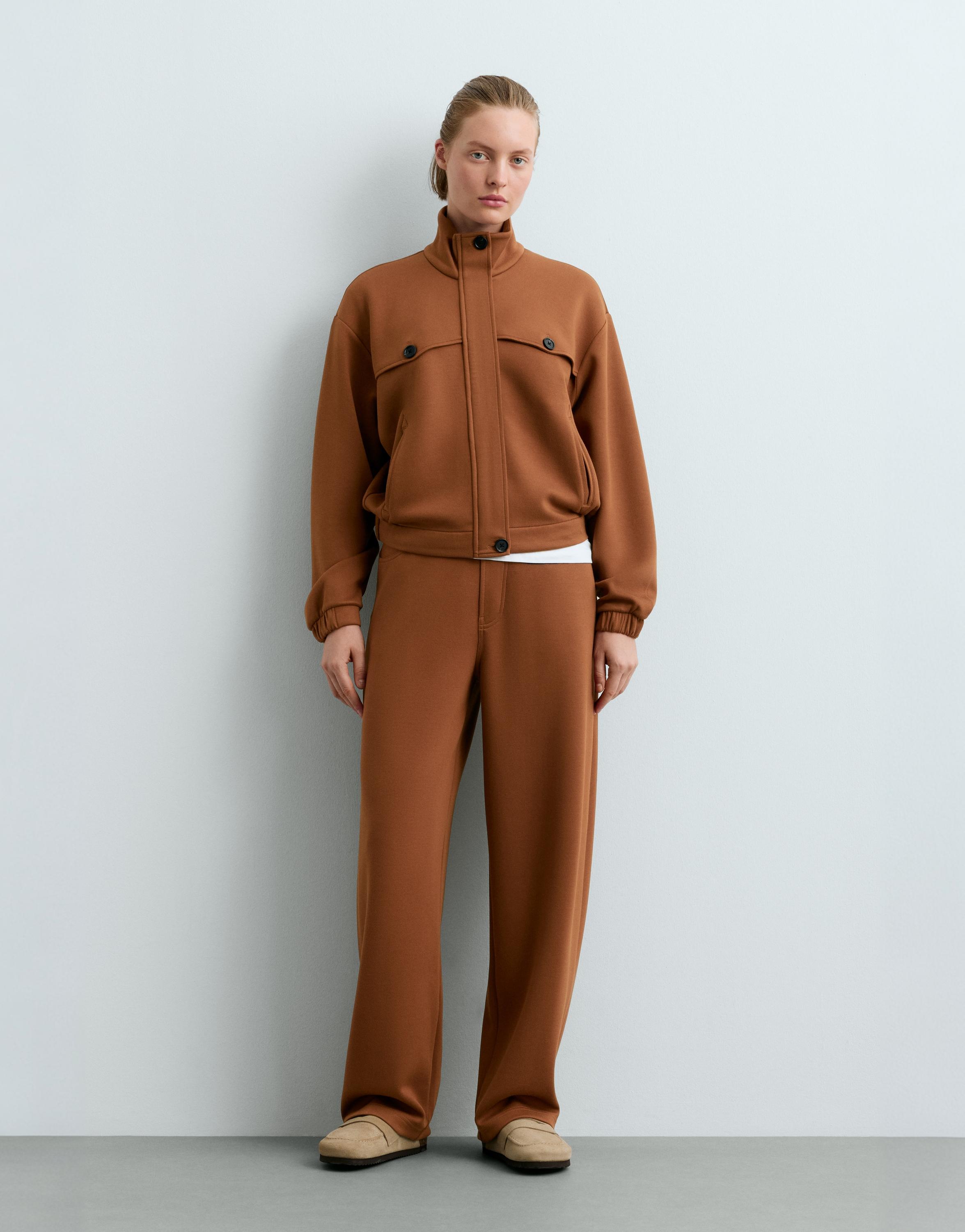 High-neck cropped jacket — COGNAC