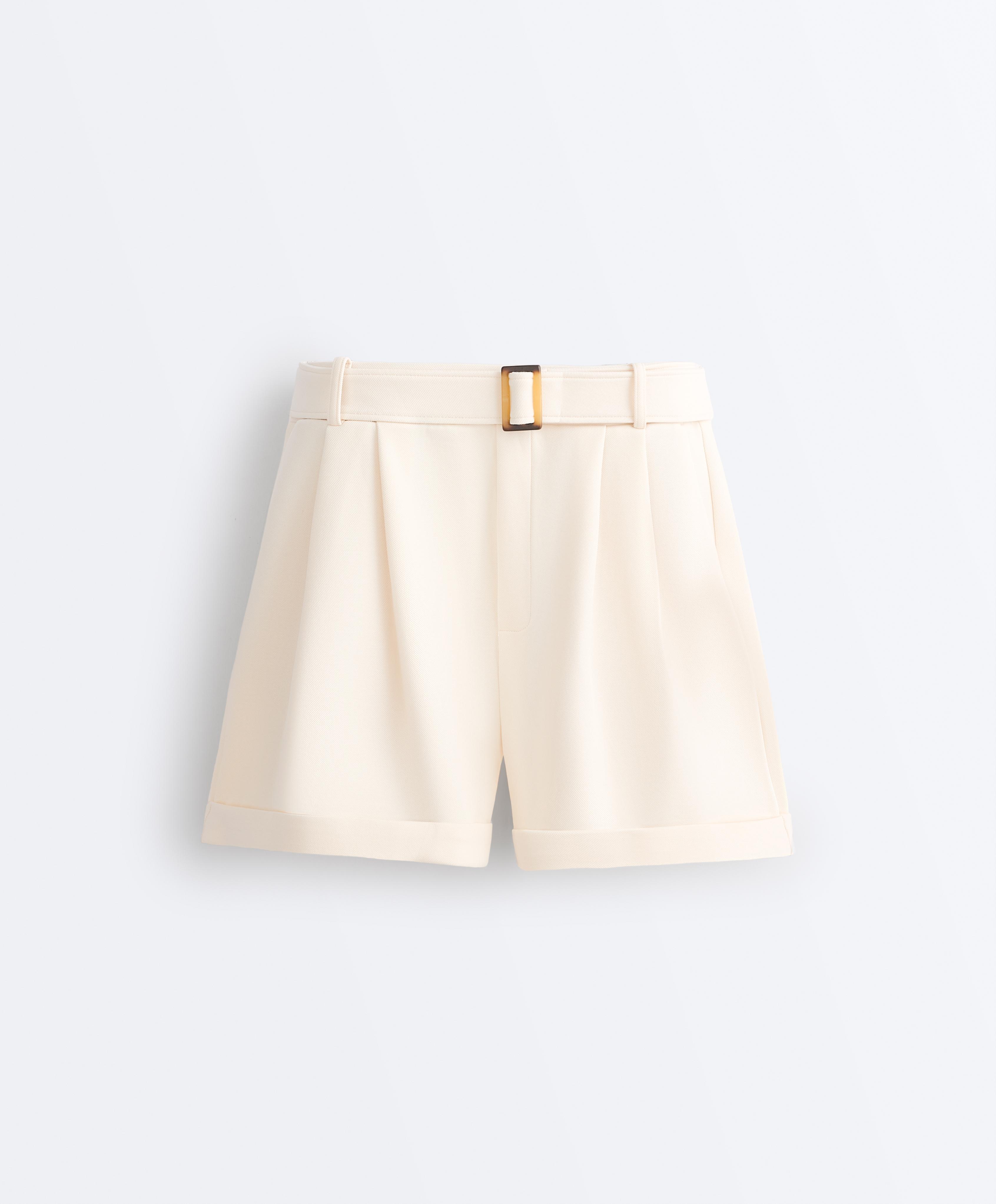 Cotton piqué belted shorts — PALE ECRU