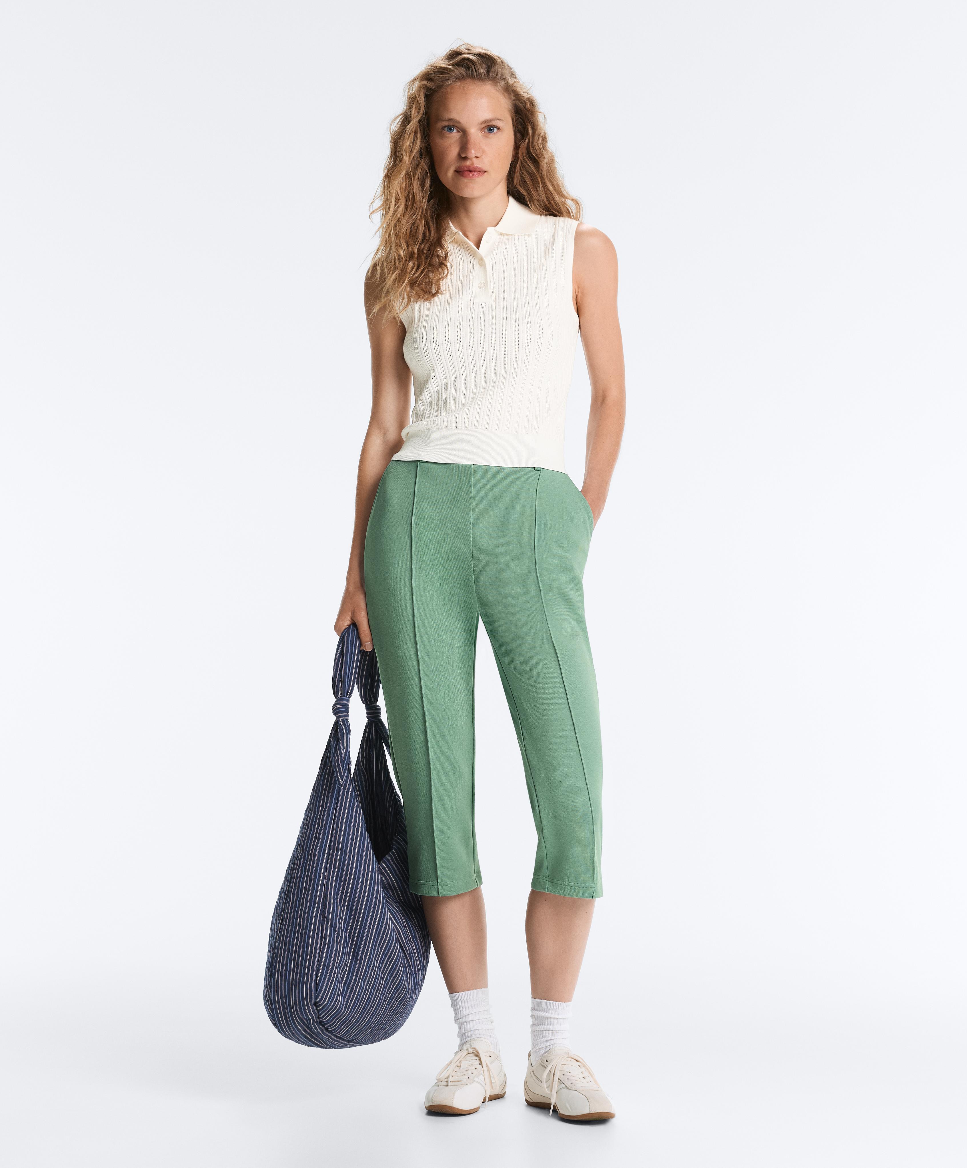 Capri piqué trousers with cotton belt loops — AQUA GREEN