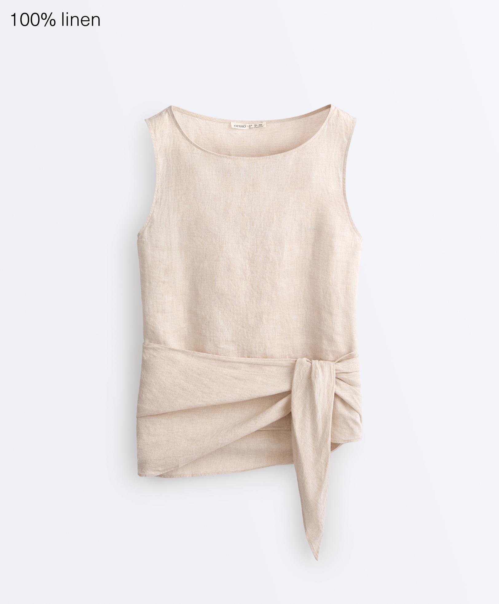 Sleeveless top with 100% linen scarf — SAND MELANGE