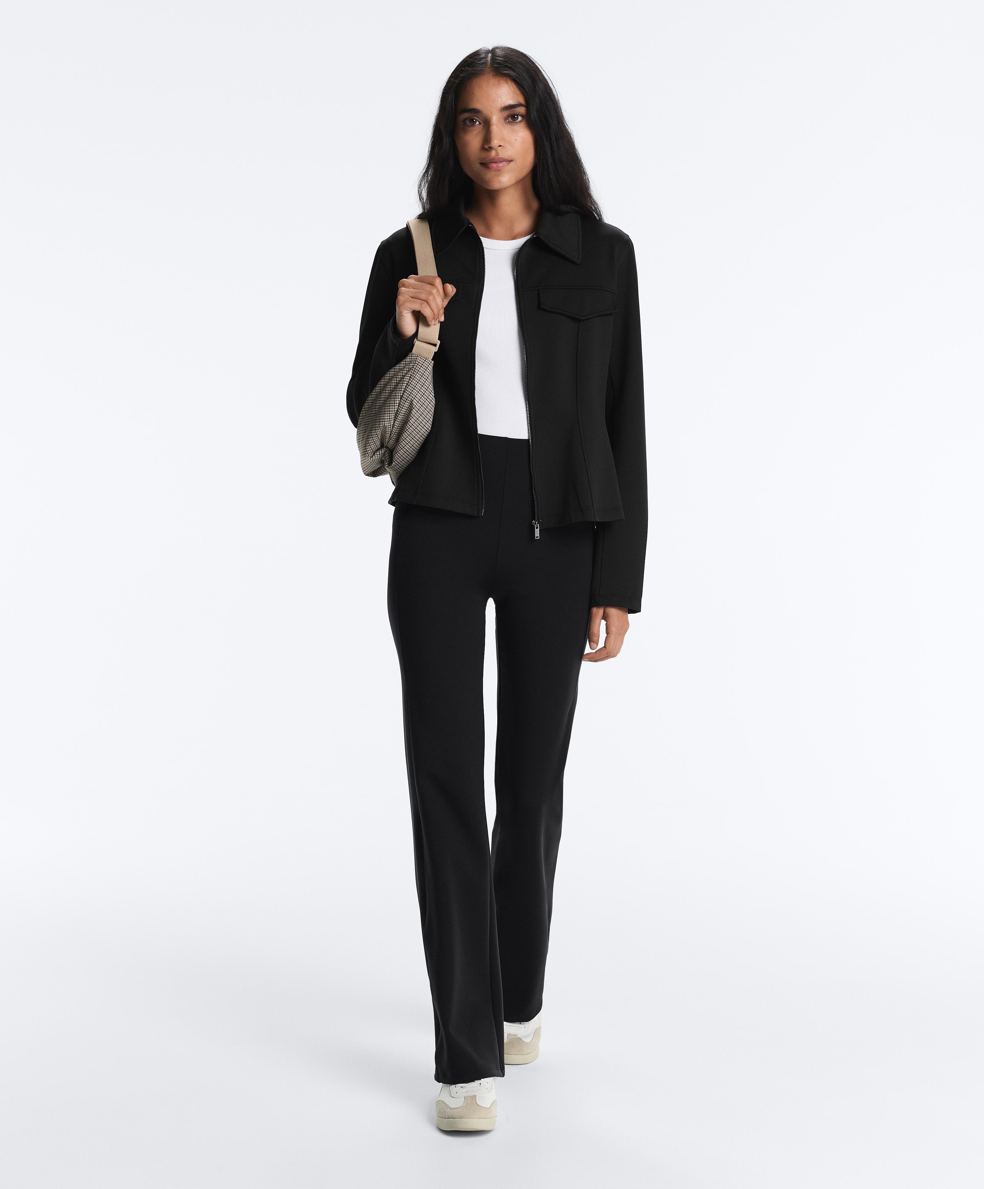 Neoprene-effect peplum jacket with ribbing — BLACK