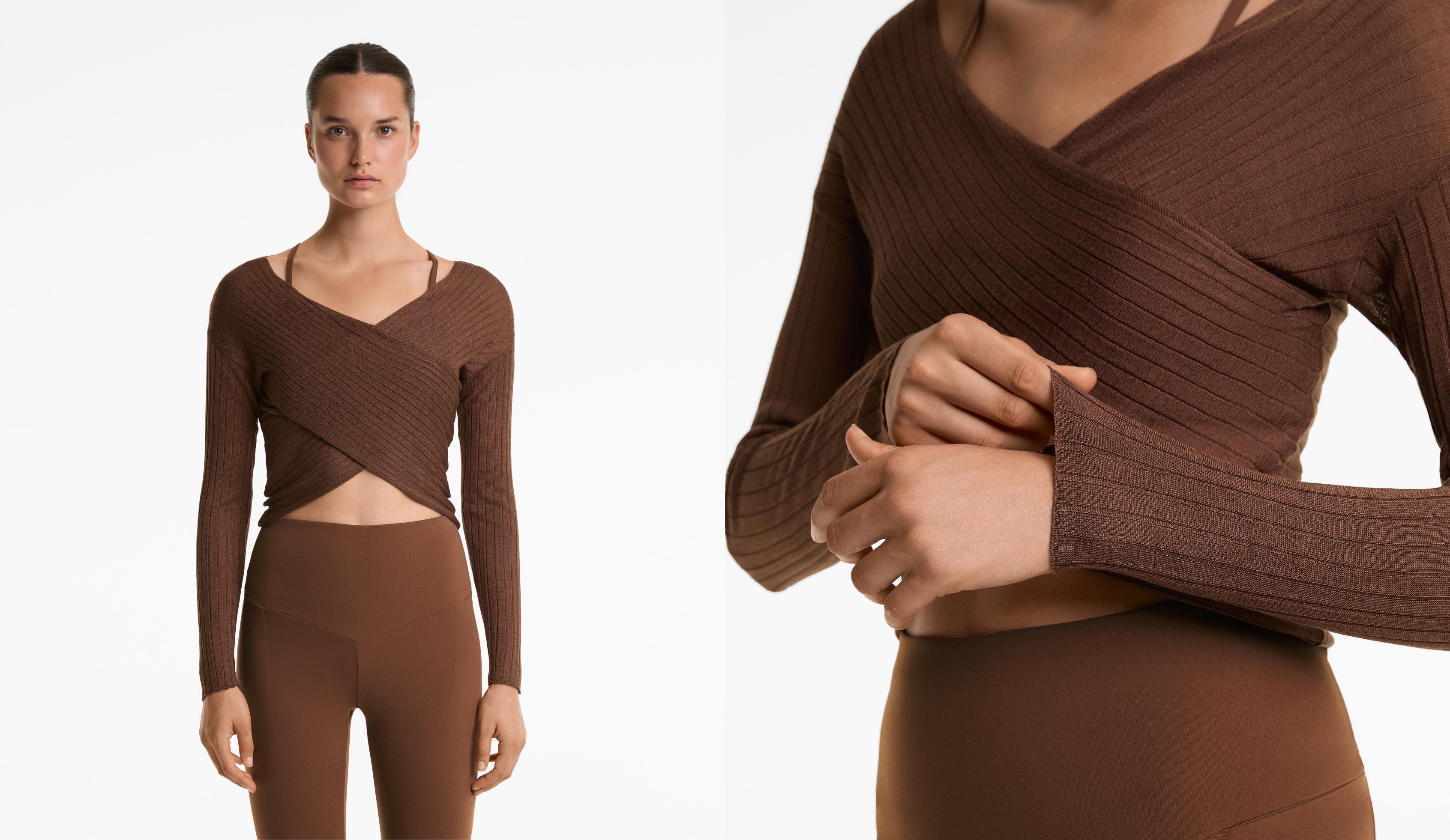 Fine-knit semi-sheer rib crossover jumper