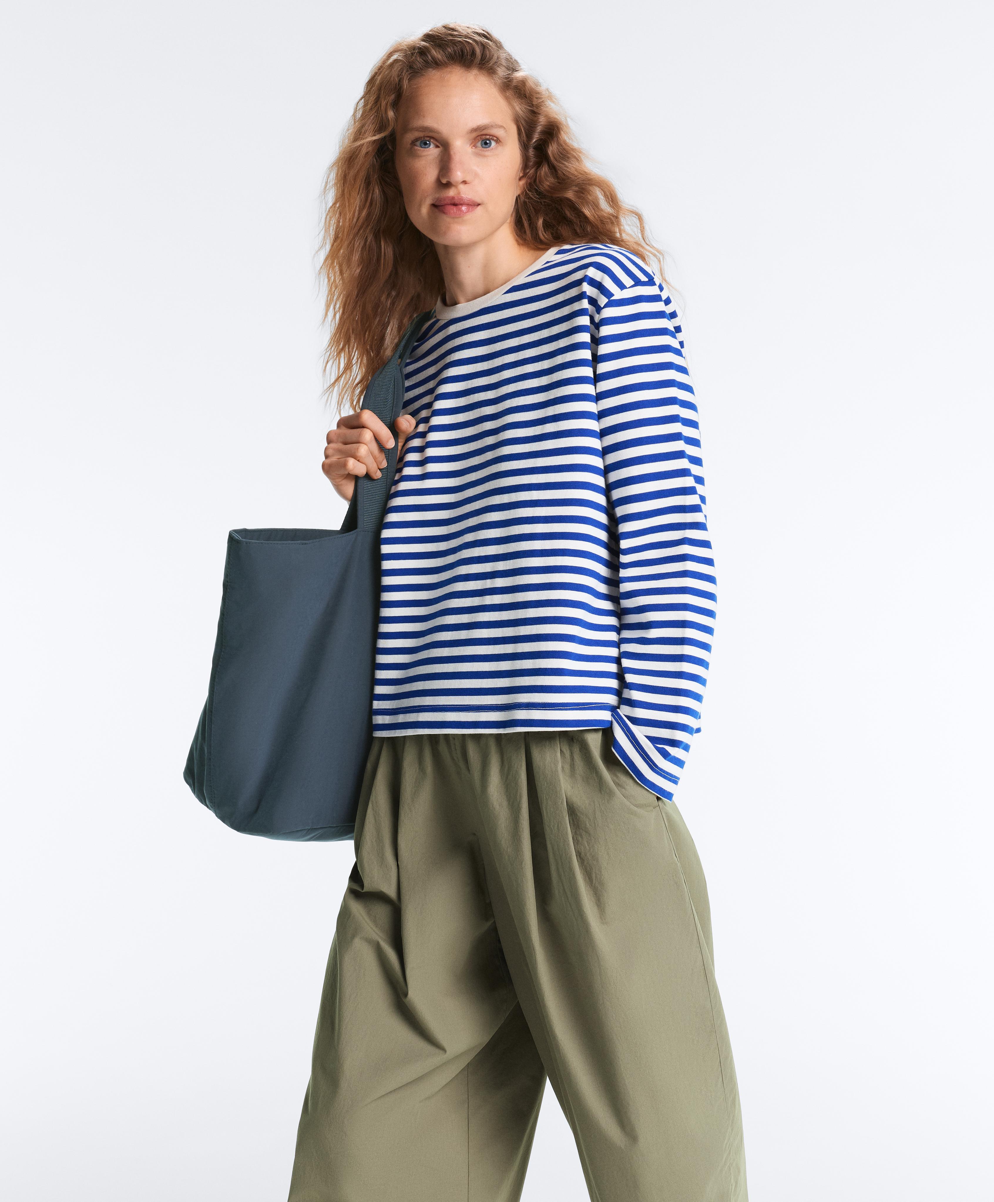 Boxy long-sleeved stripe 100% cotton T-shirt — ELECTRIC BLUE