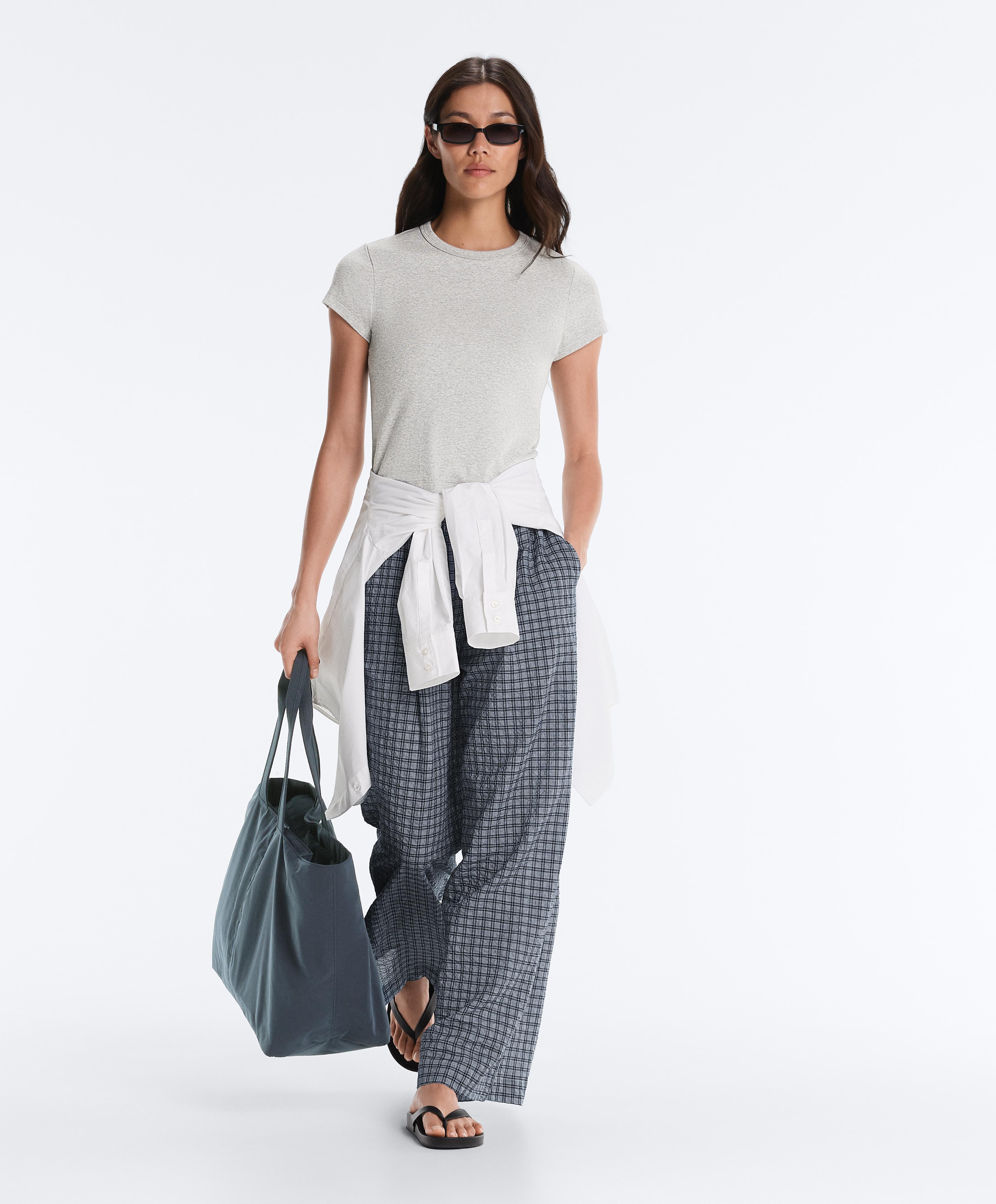 Check cotton blend wide-leg trousers — GREY-BLUE