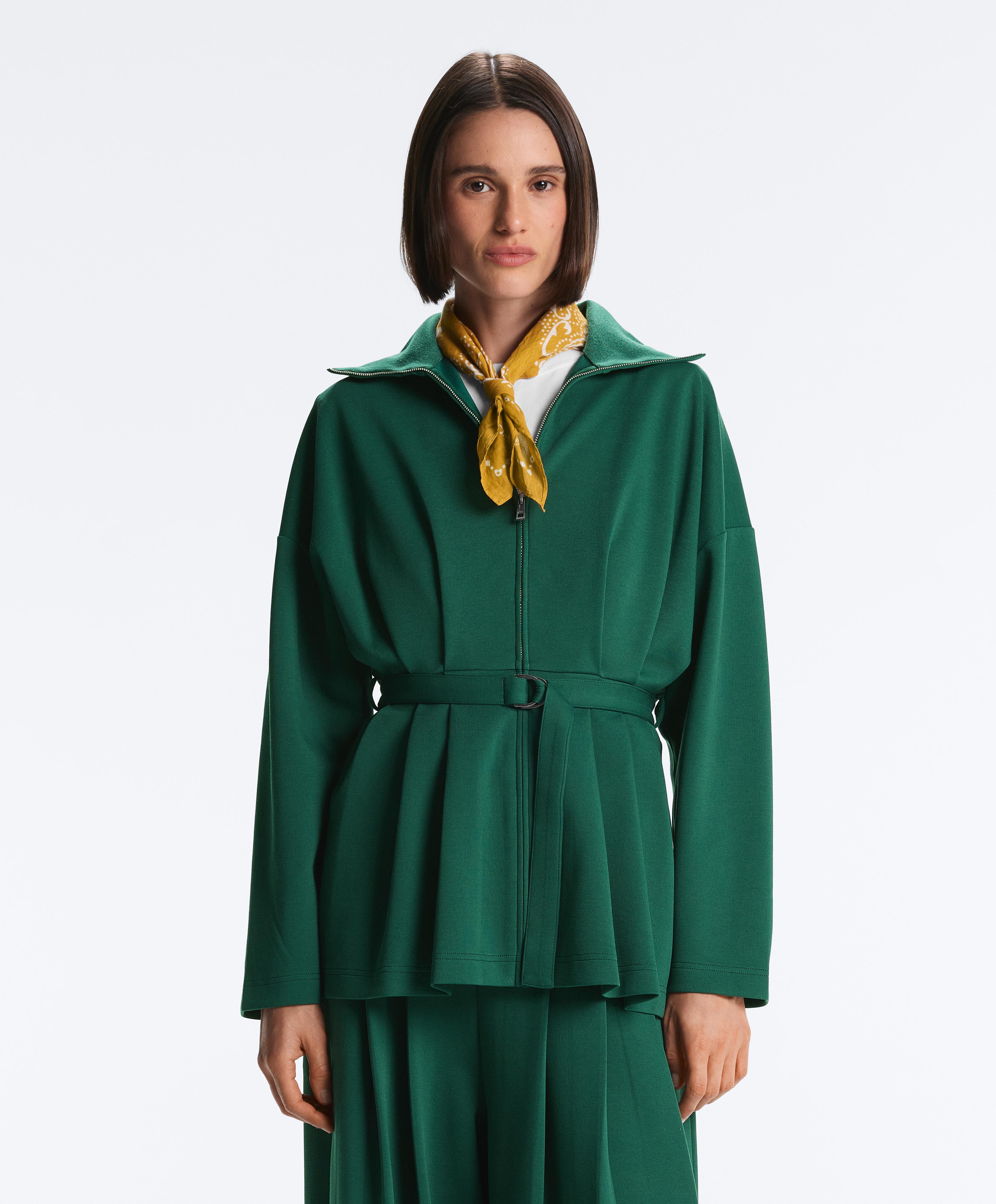 Long cotton piqué belted jacket — DARK EMERALD